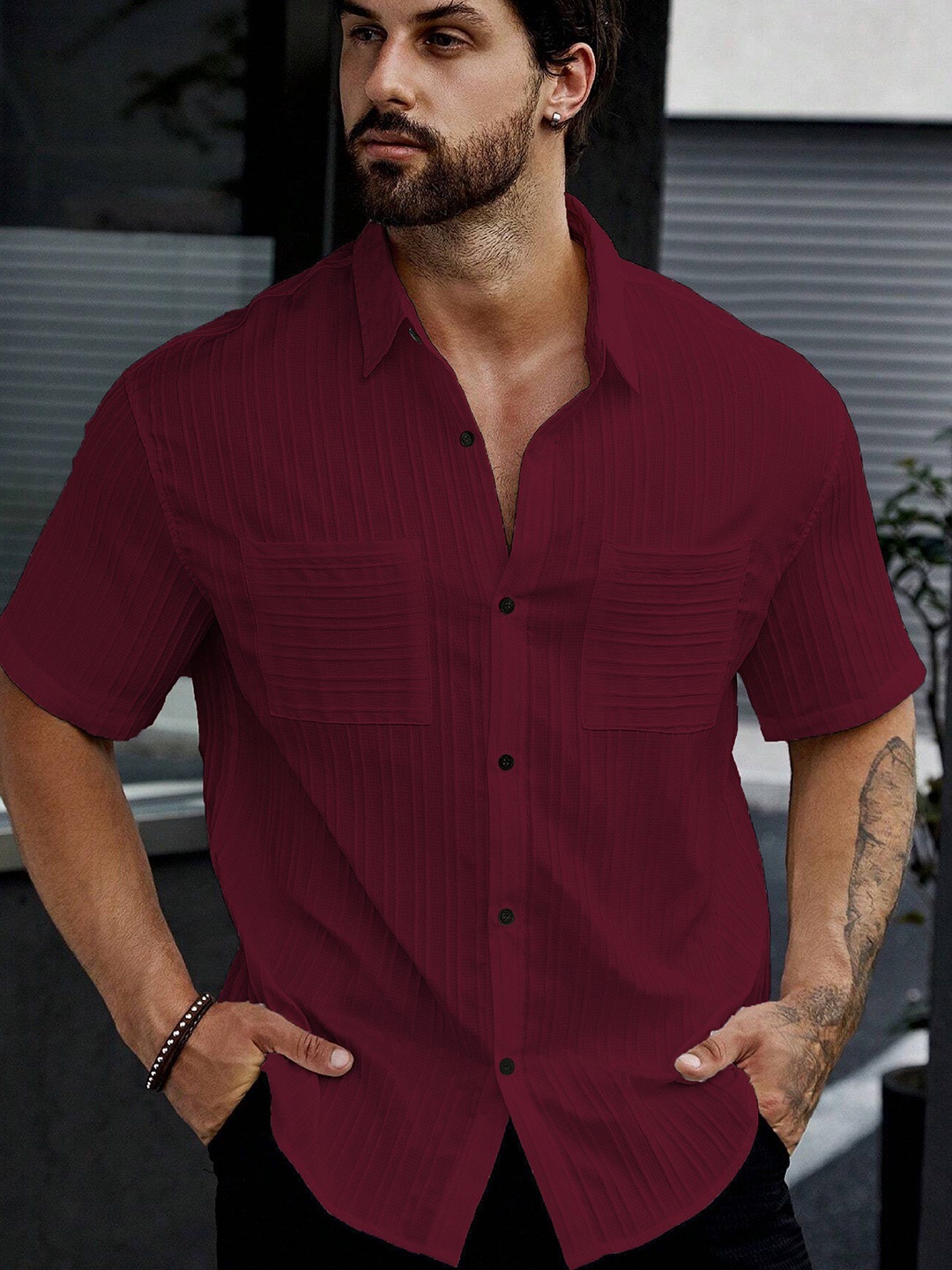 

MARMIC FAB Men Comfort Spread Collar Textured Casual Shirt, Burgundy