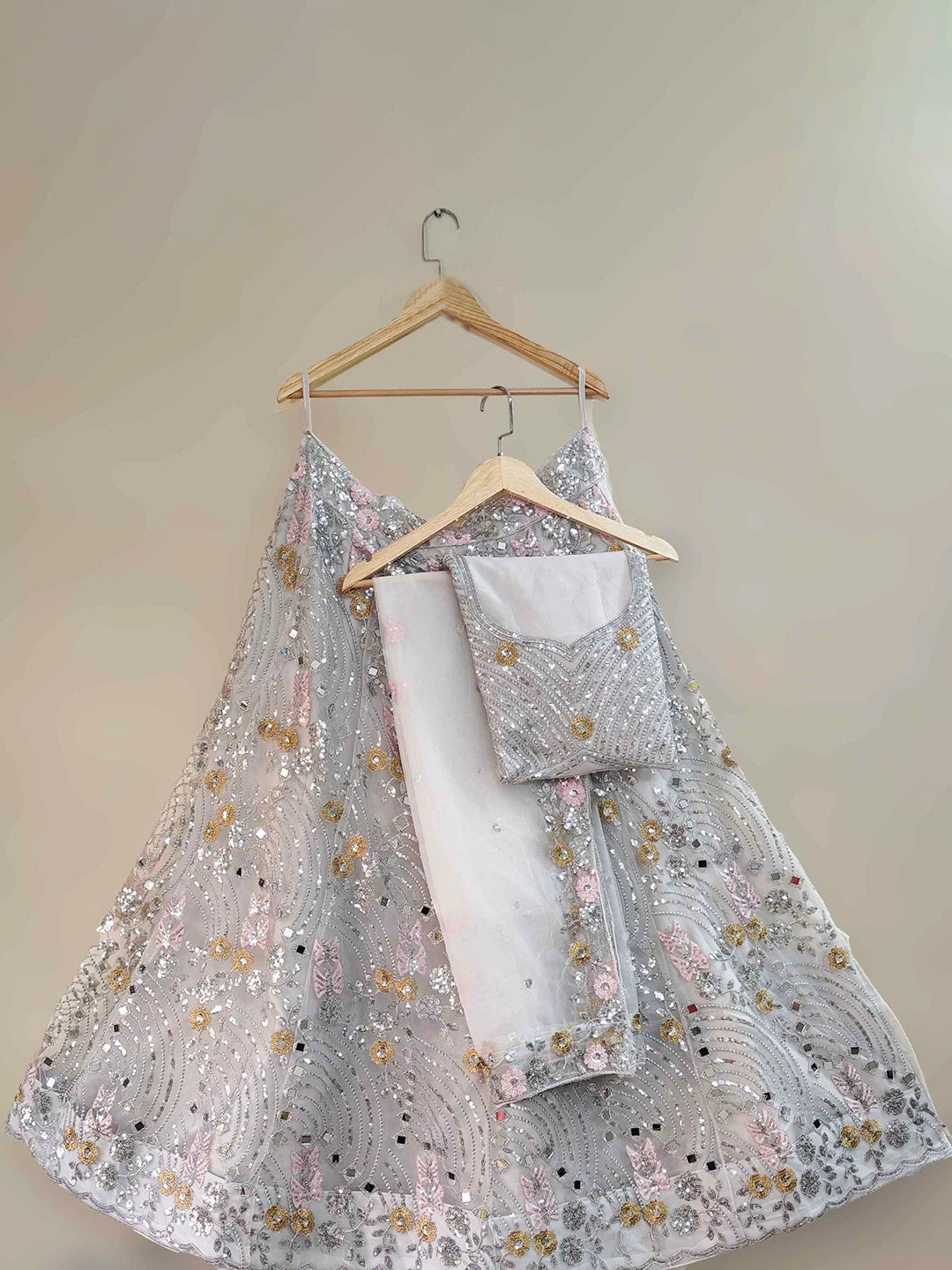 

VILLE FASHION Embroidered Mirror Work Semi-Stitched Lehenga & Unstitched Blouse With Dupatta, White