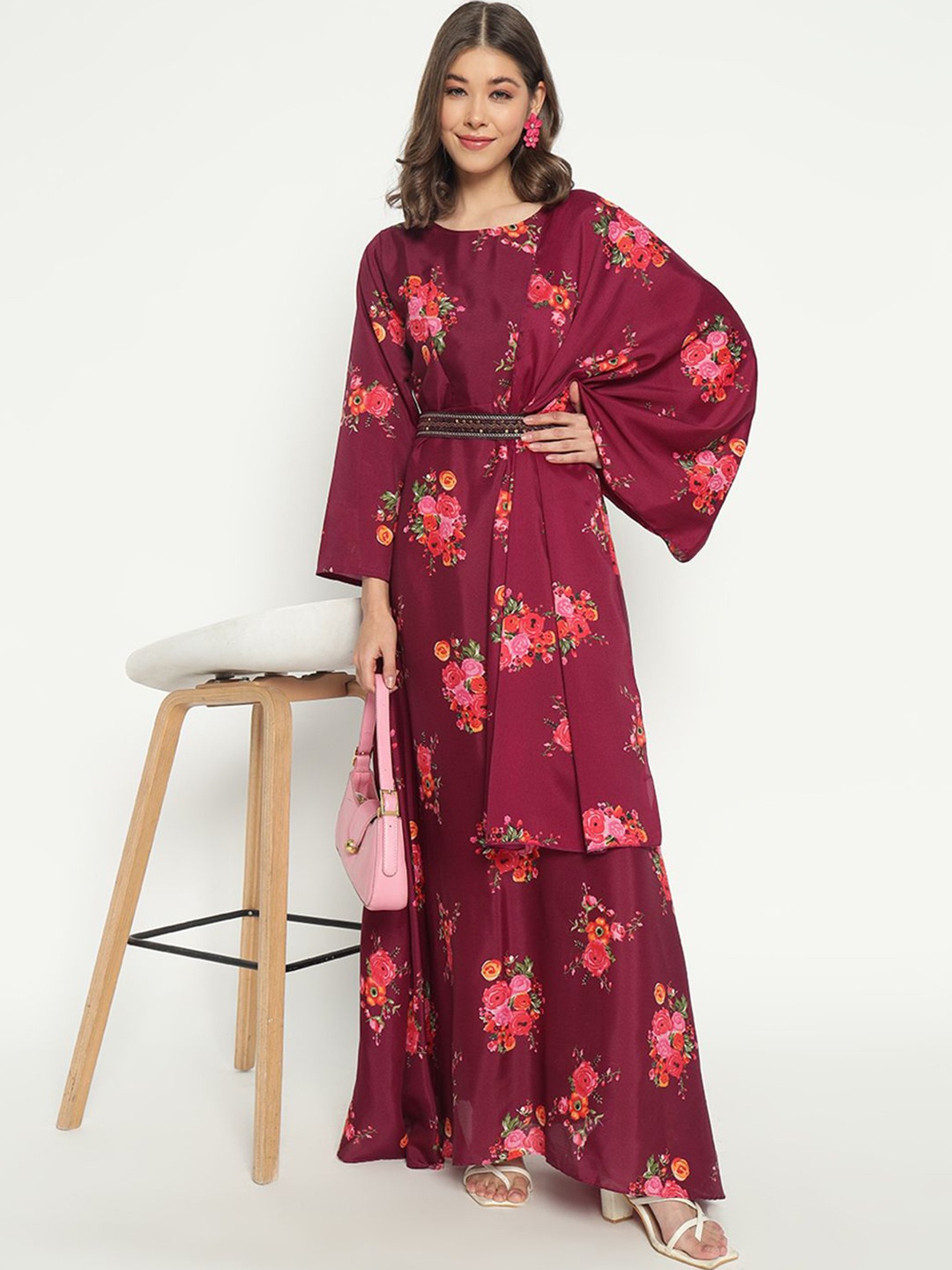 

Raiyani Enterprise Women Floral Printed Maxi Dress with a Belt, Maroon