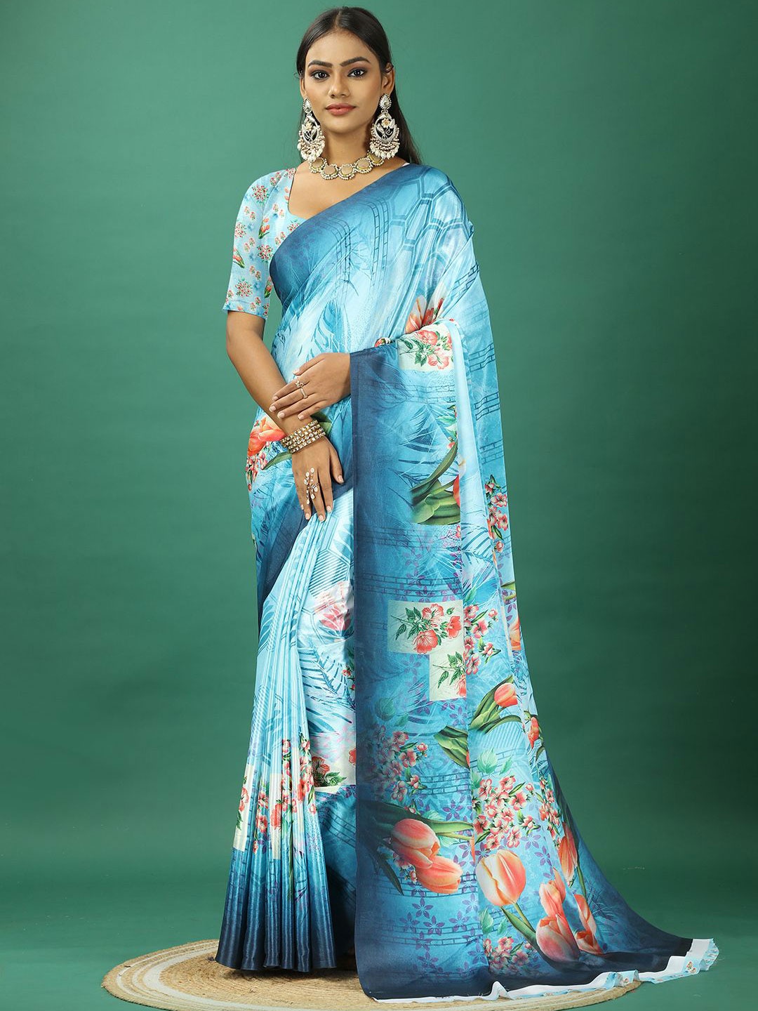 

NIRMAL CREATION Women Floral Printed Pure Crepe Saree, Blue