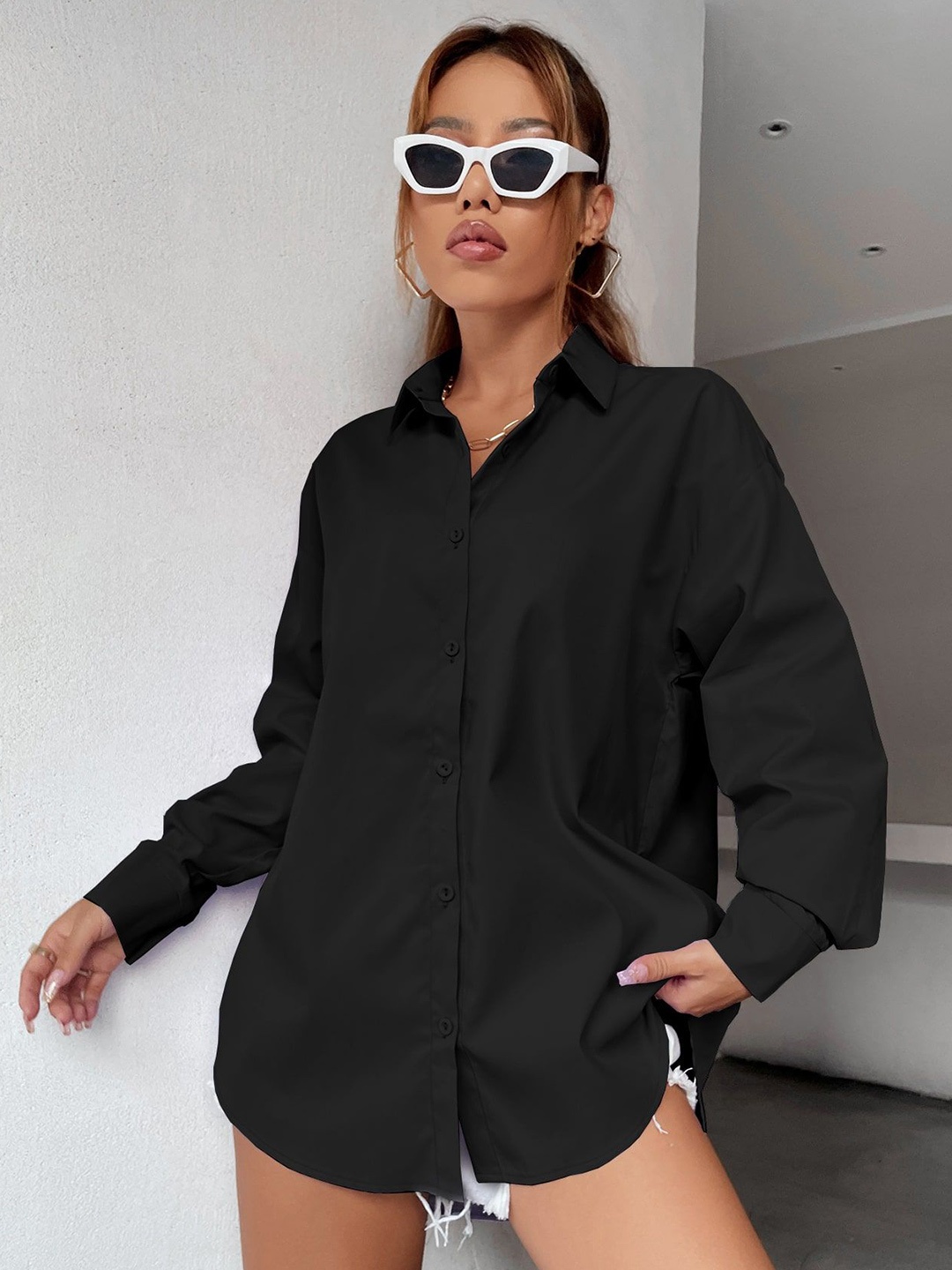 

NANCHI Women Comfort Oversized Fit Spread Collar Solid Cotton Casual Shirt, Black