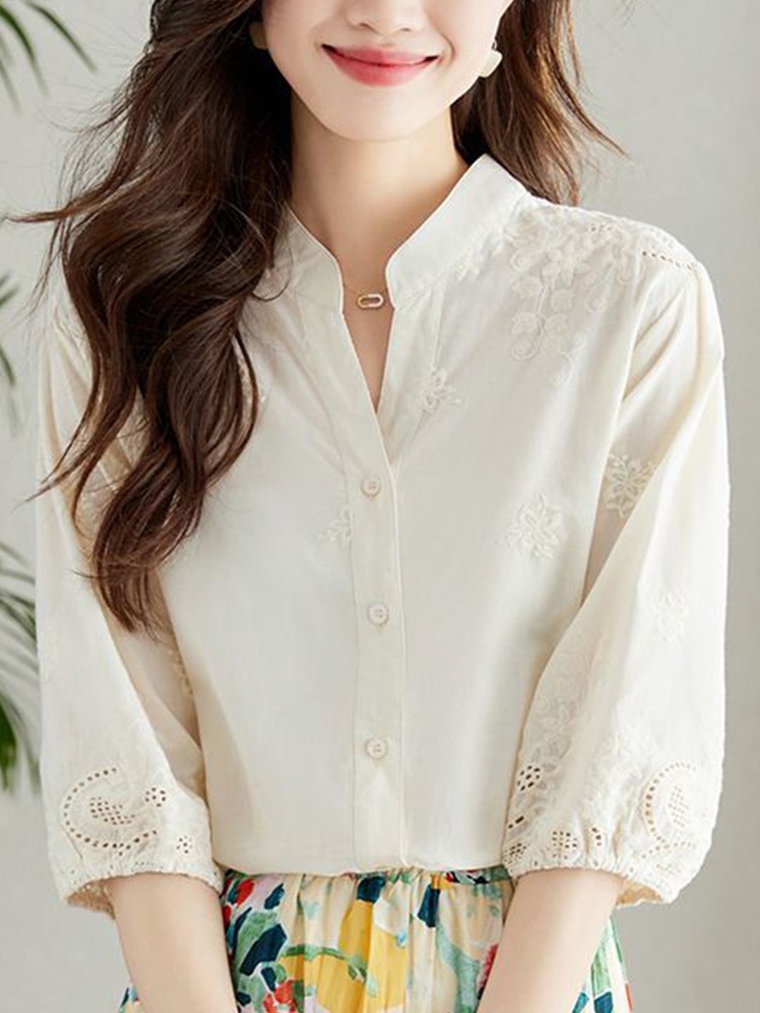 

StyleCast Embroidered Mandarin Collar Cotton Top, White