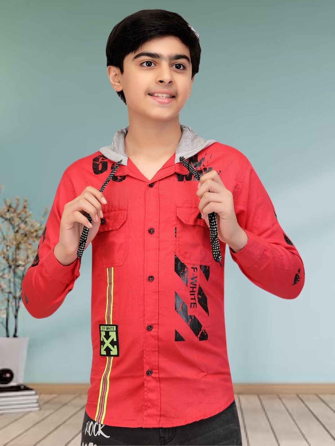 

FASHION GRAB Boys Classic Hood Multi Striped Cotton Casual Shirt, Red