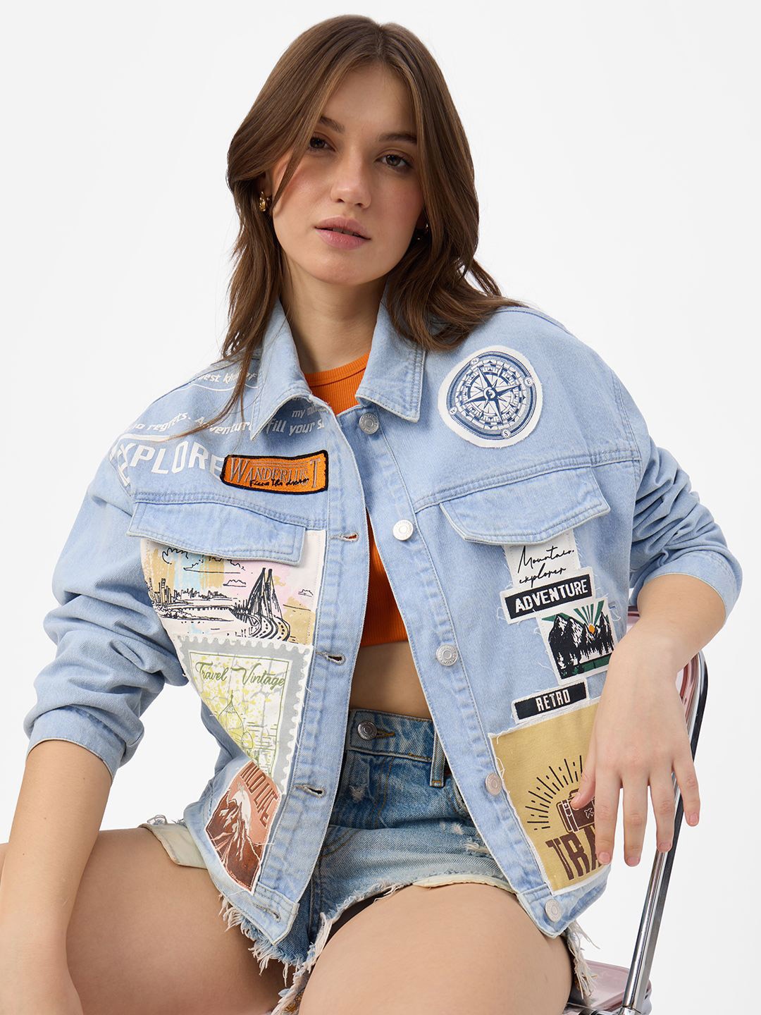 

The Souled Store Women Spread Collar Graphic Printed Cotton Casual Denim Jacket, Blue