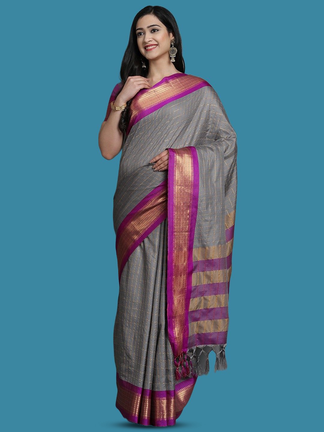 

yourwish Checked Woven Design Zari Garad Saree, Grey