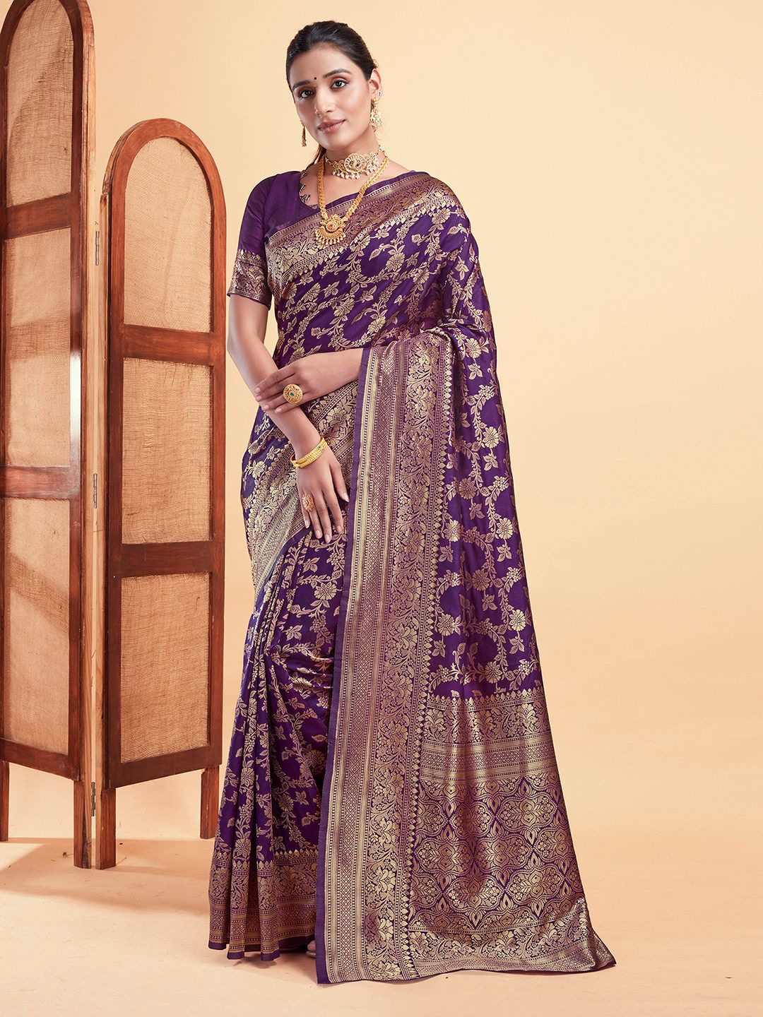 

KALINI Ethnic Motifs Embroidered Banarasi Saree, Purple