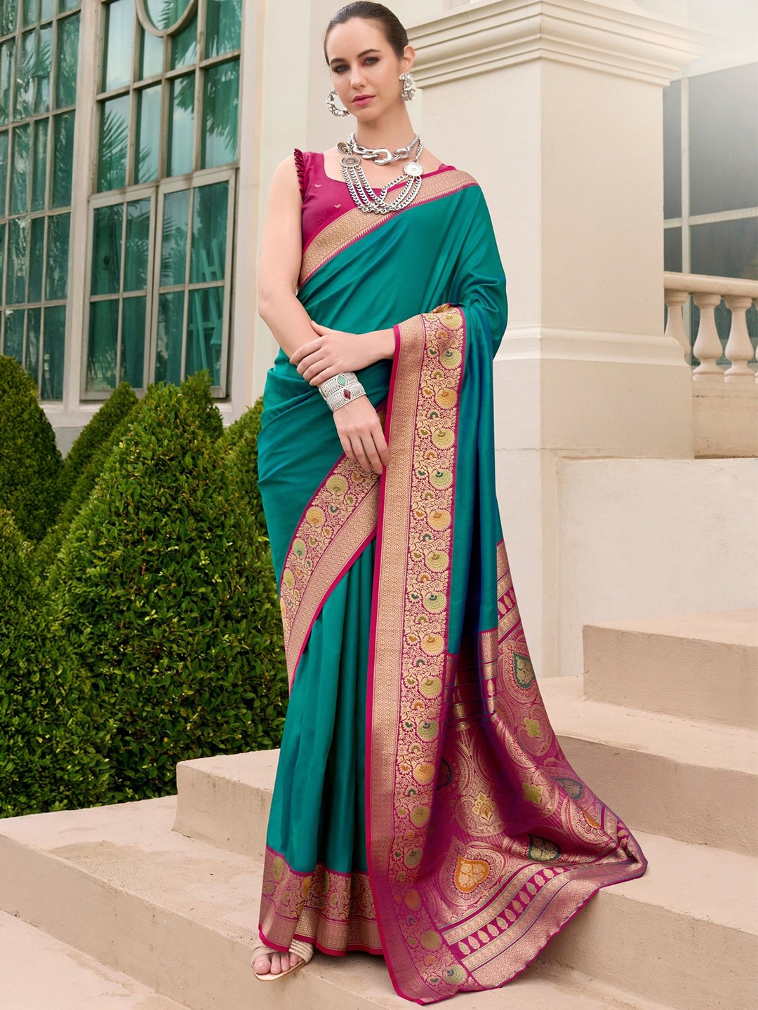 

MySilkLove Woven Design Zari Silk Blend Banarasi Saree, Blue