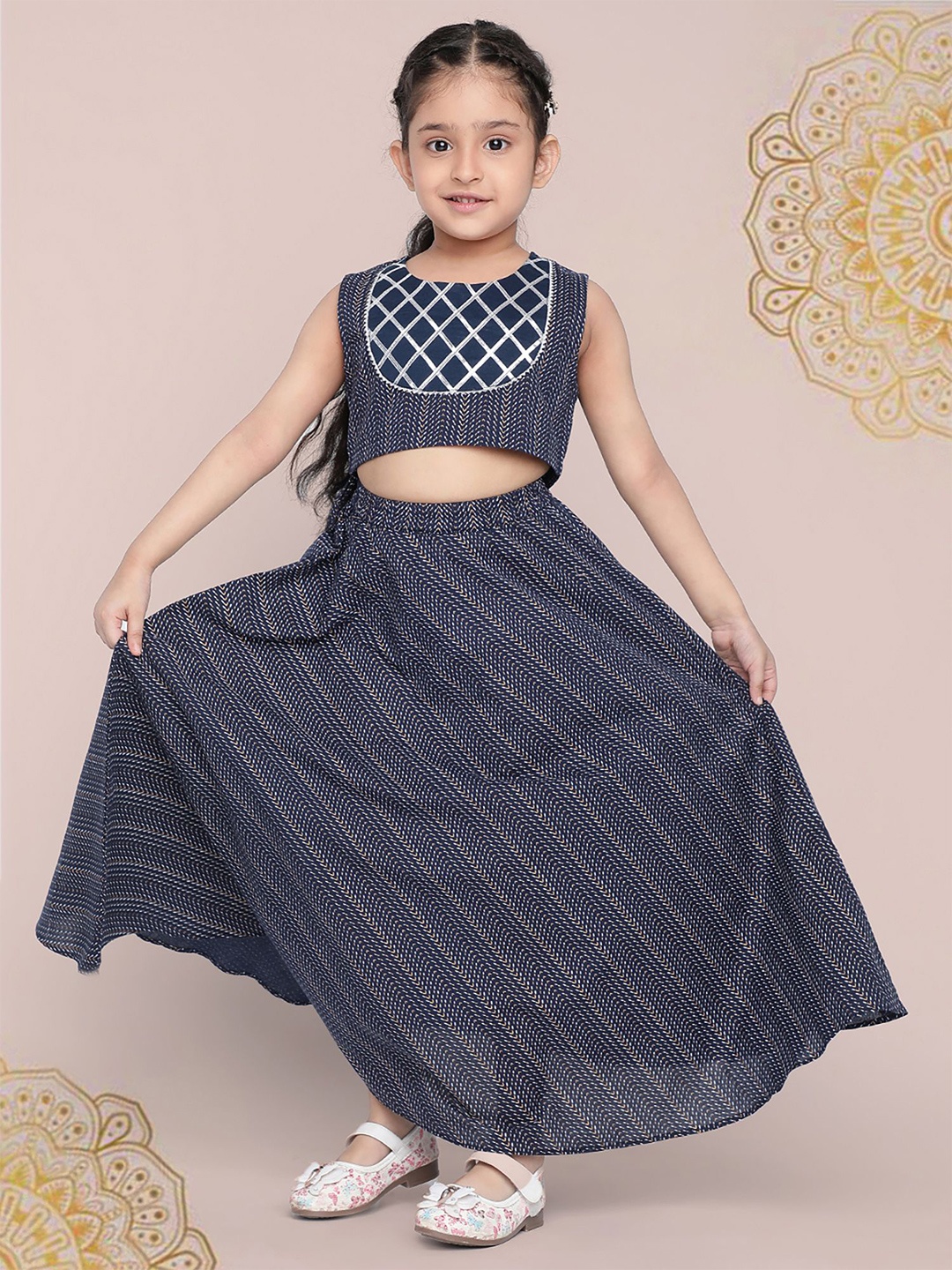 

Indo Era Girls Printed Foil Print Ready to Wear Lehenga &, Navy blue