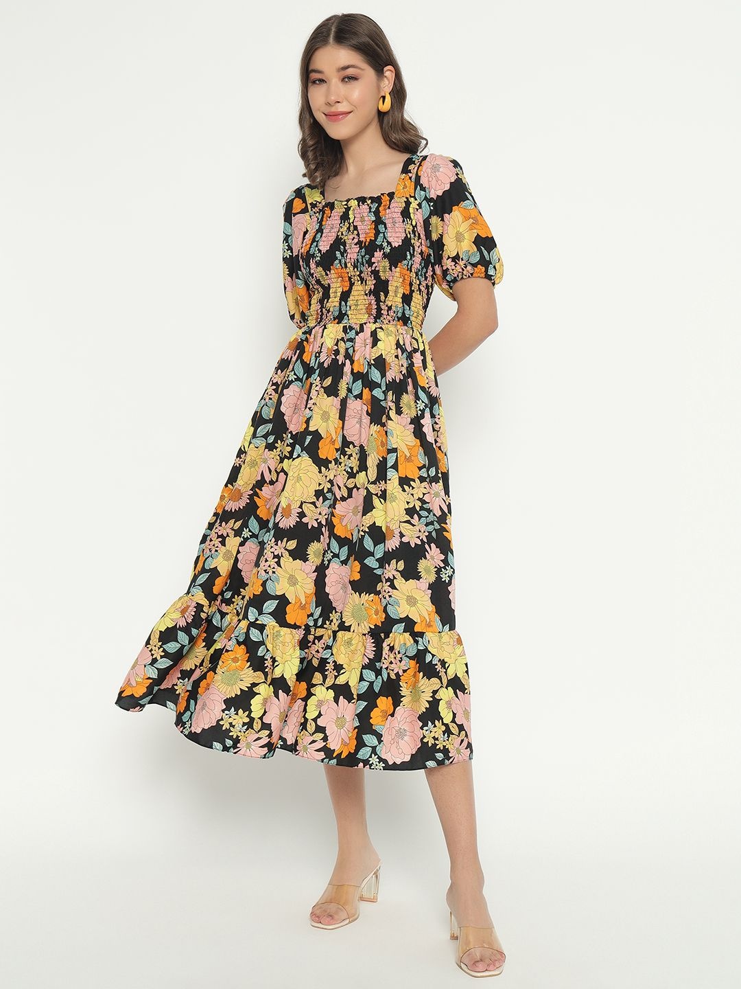 

Krunal Raiyani Floral Printed Fit & Flare Midi Dress, Yellow