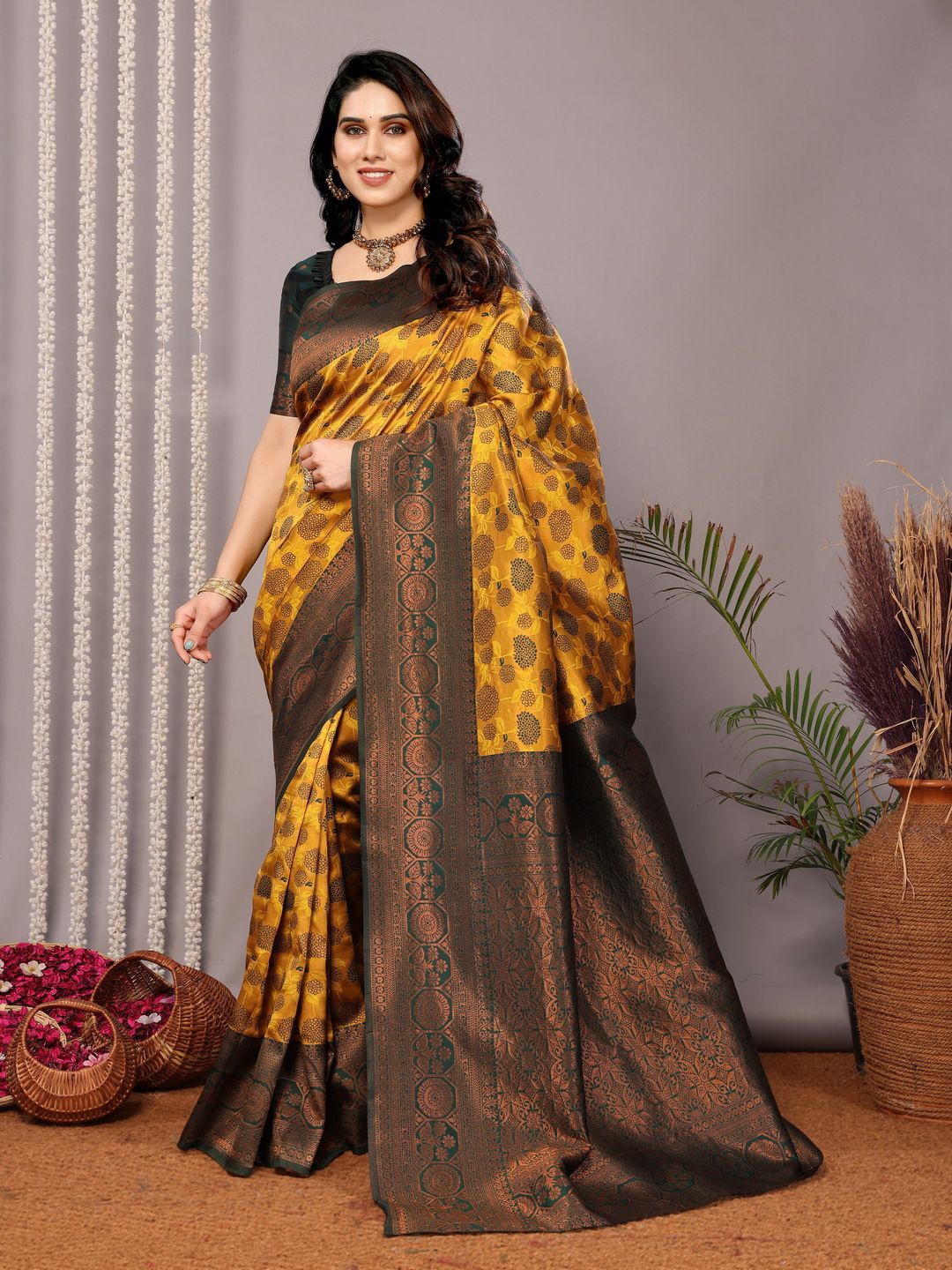 

SHIJILA Floral Woven Design Zari Banarasi Saree, Mustard