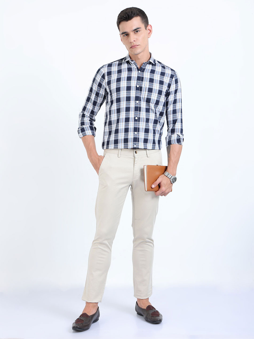 

HOUSE OF MAHNOTS Men Classic Slim Fit Spread Collar Tartan Checked Cotton Casual Shirt, Navy blue
