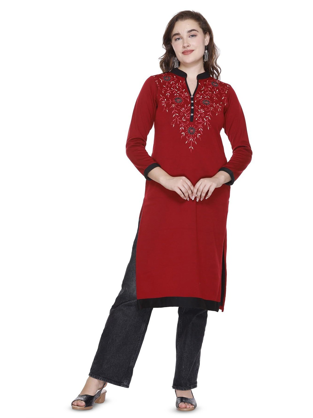 

ROSARY Winter Floral Embroidered Mandarin Collar Kurta, Maroon