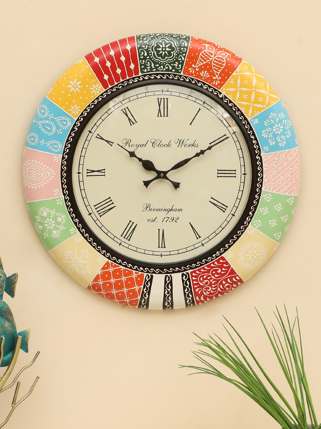 

vedas Beige & Yellow Printed Round Shaped C-Galleria Wooden Wall Clock With Dial