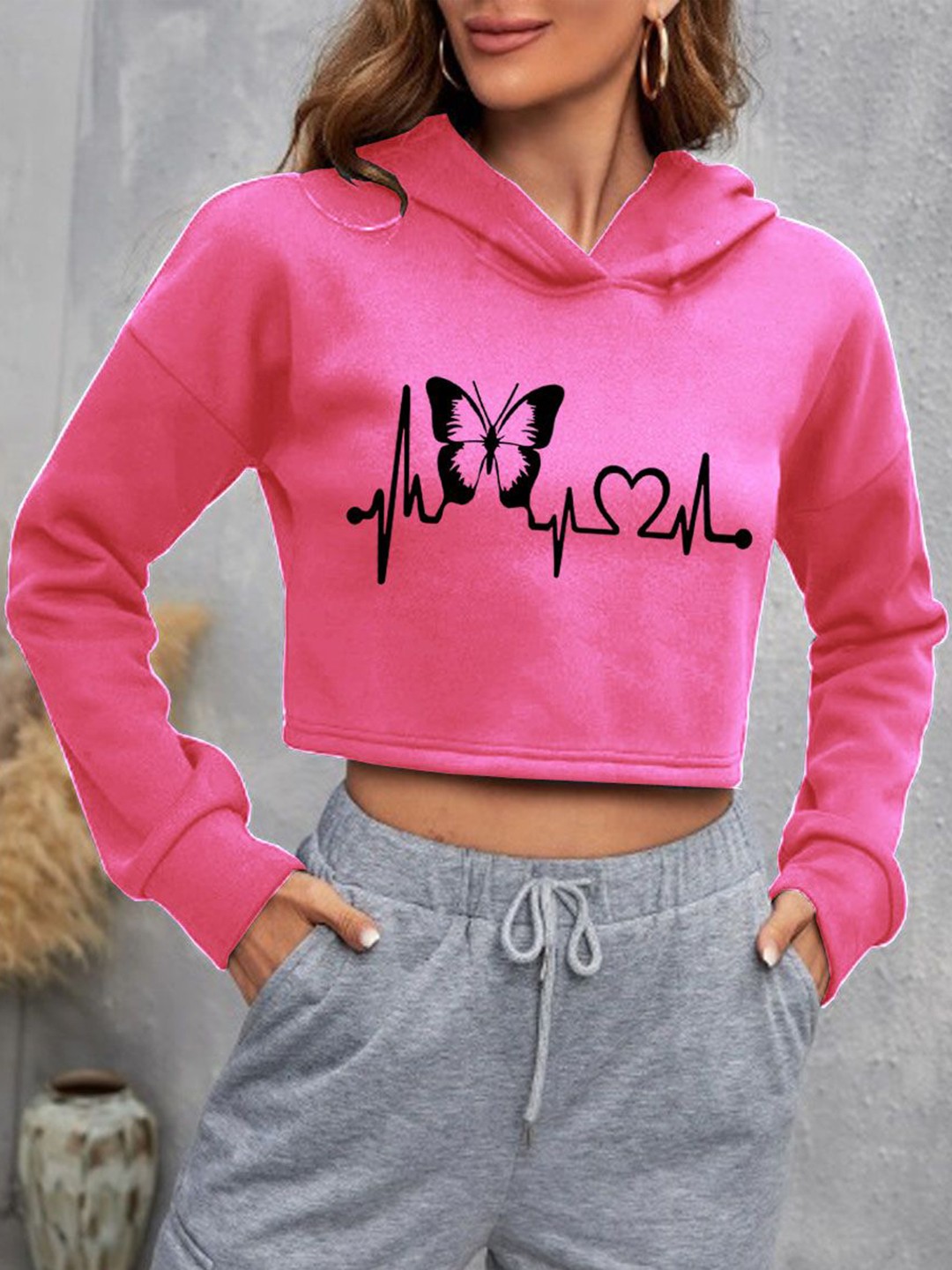 

kintu parantu Women Printed Crop Long Sleeves Hooded Pullover Sweatshirt, Pink