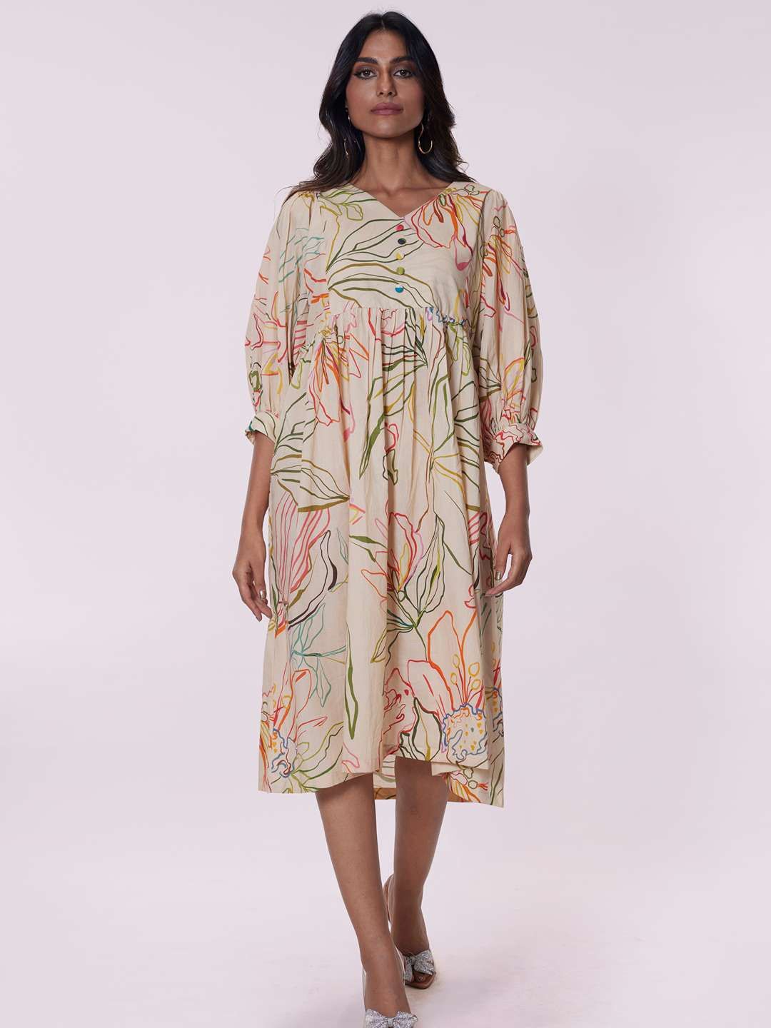 

POPPI Floral Print Kaftan Midi Dress, Beige