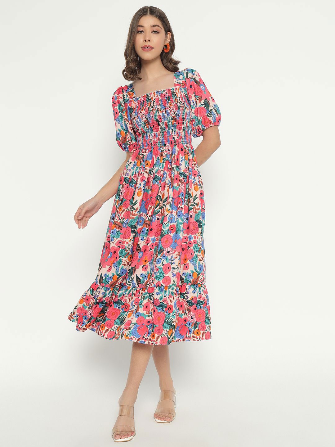 

Raiyani Enterprise Women Floral Printed Fit & Flare Midi Dress, Blue