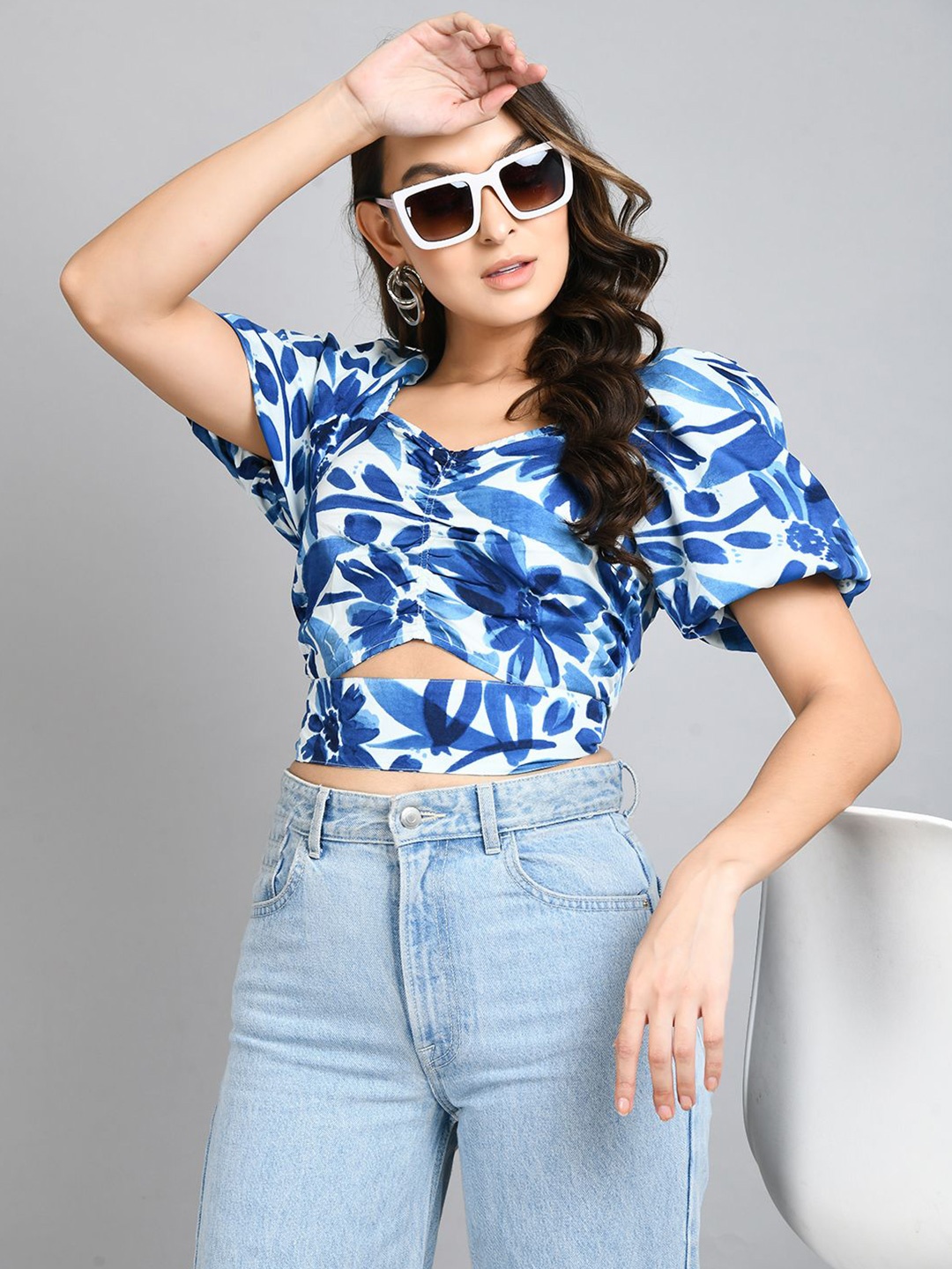 

DressBerry Floral Print Sweetheart Neck Puff Sleeve Crop Top, Blue