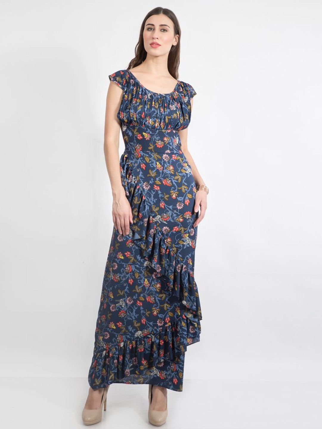 

DELIS Floral Print Ruffled Georgette A-Line Maxi Dress, Navy blue