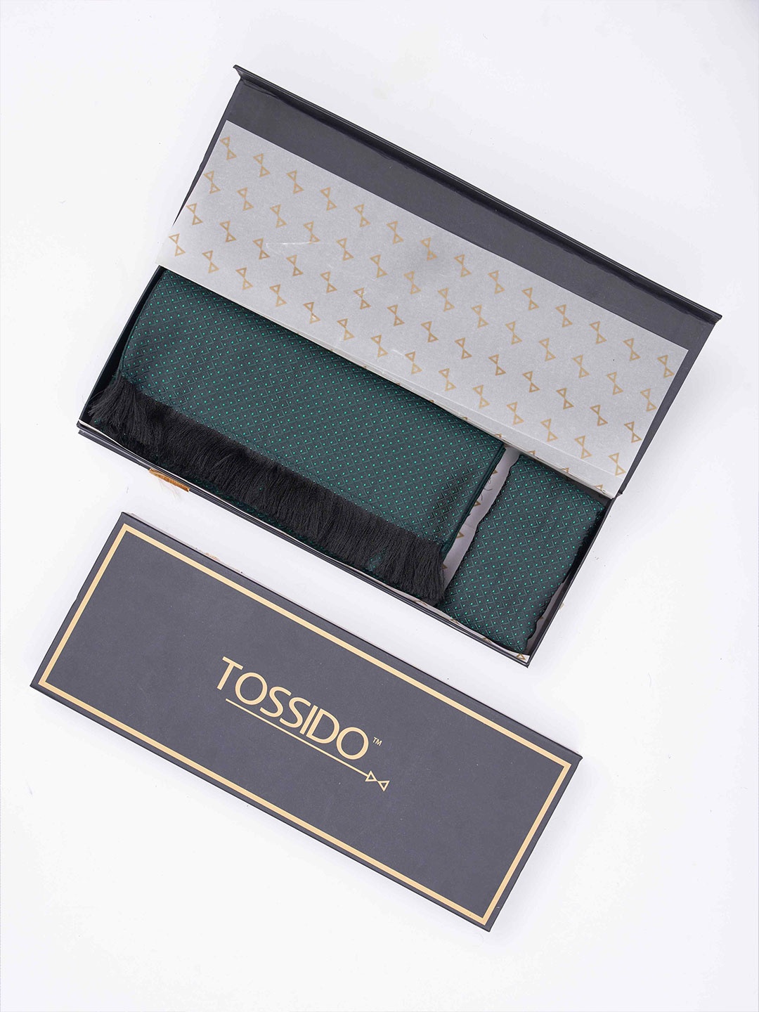 

Tossido Men Woven Design Reversible Stole & Pocket Square Set, Green