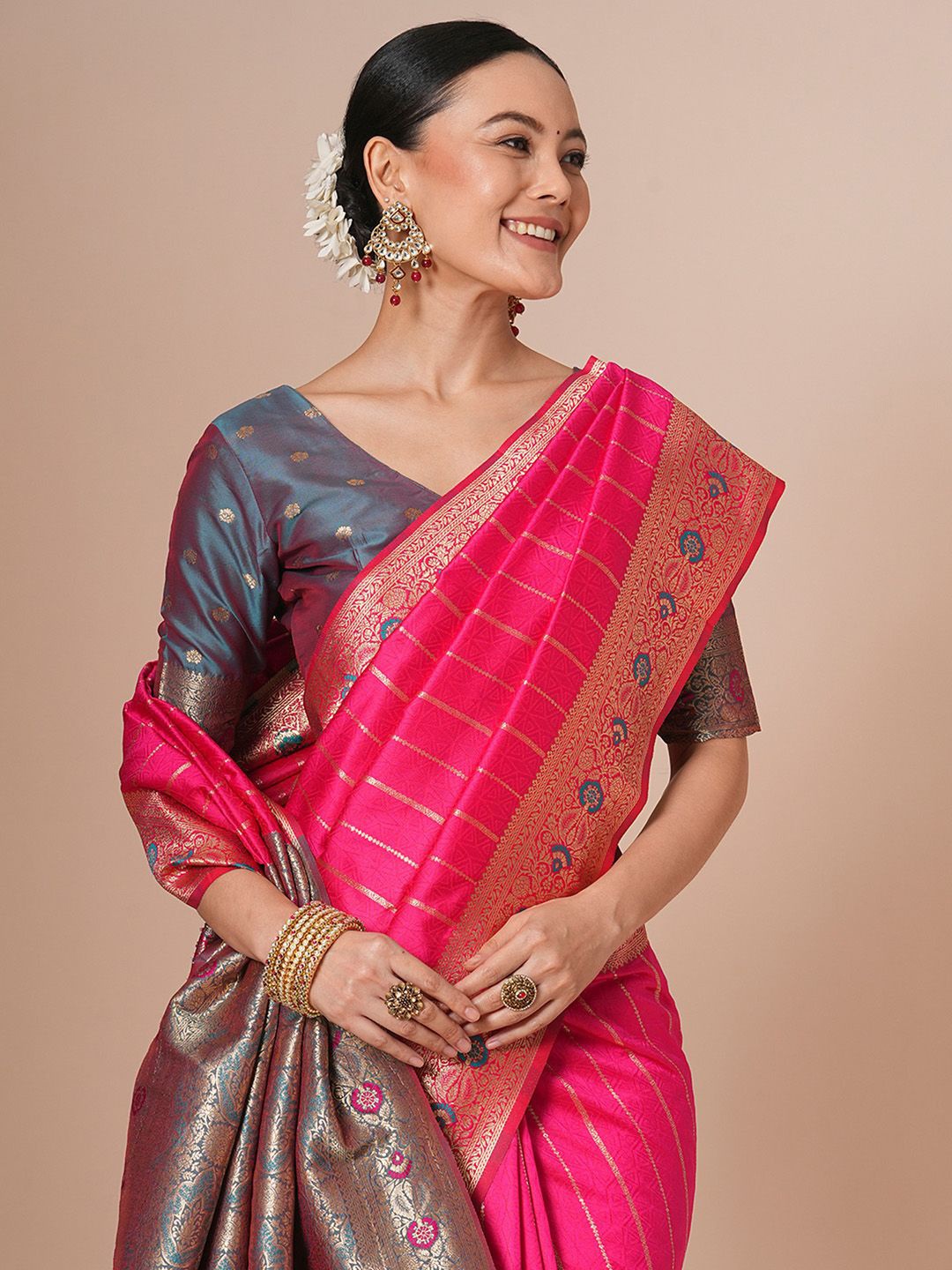 

House of Pataudi Woven Design Banarasi Saree With Blouse Piece, Pink