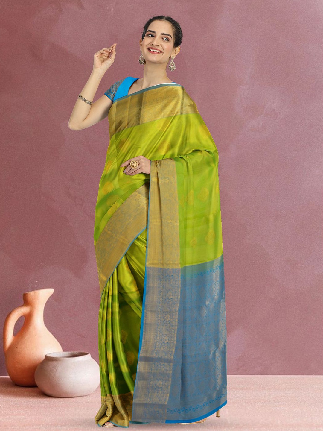 

Avishya Woven Design Zari Silk Blend Kanjeevaram Saree, Green