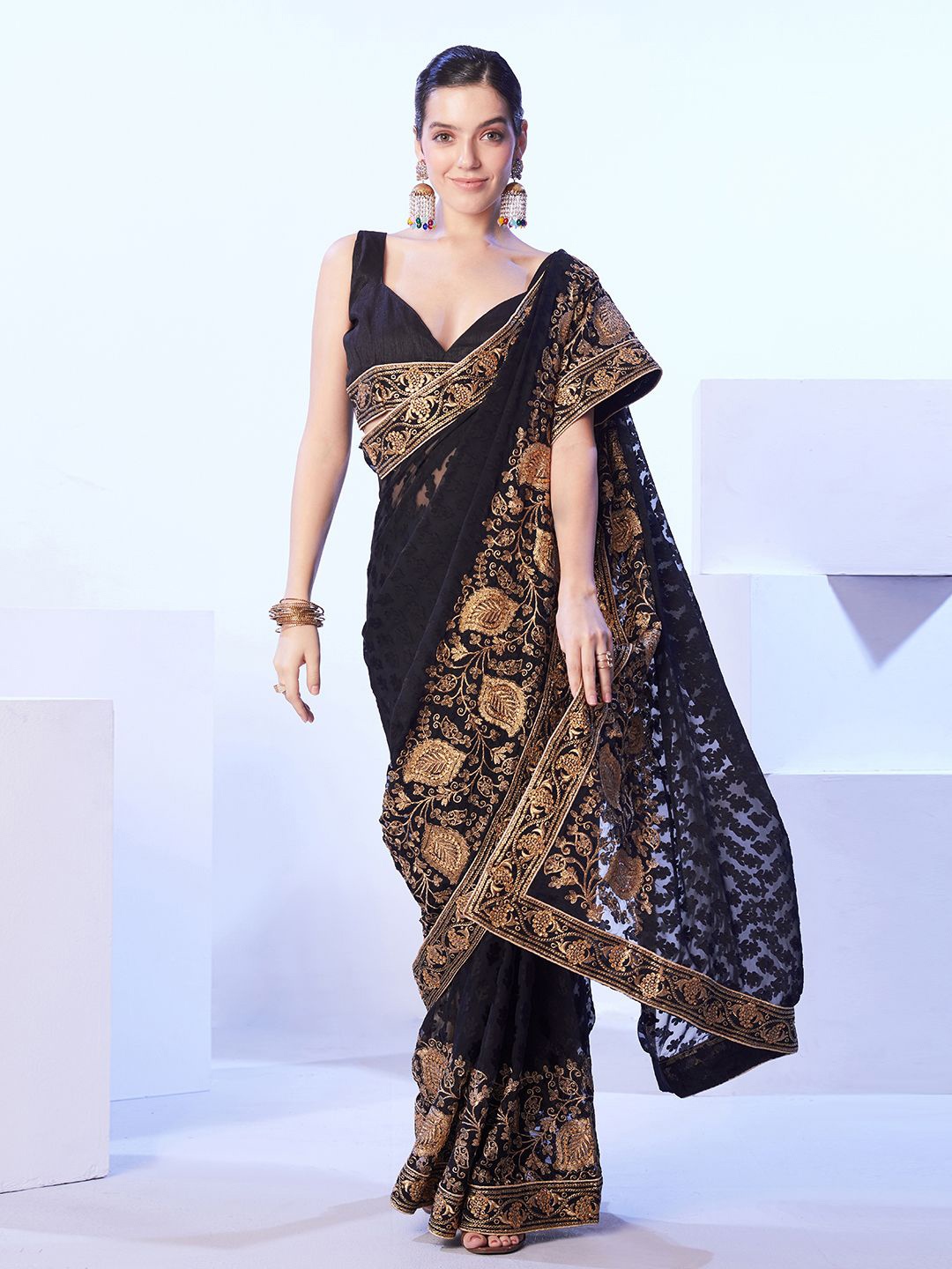 

Mitera Floral Beads and Stones Brasso Saree, Black