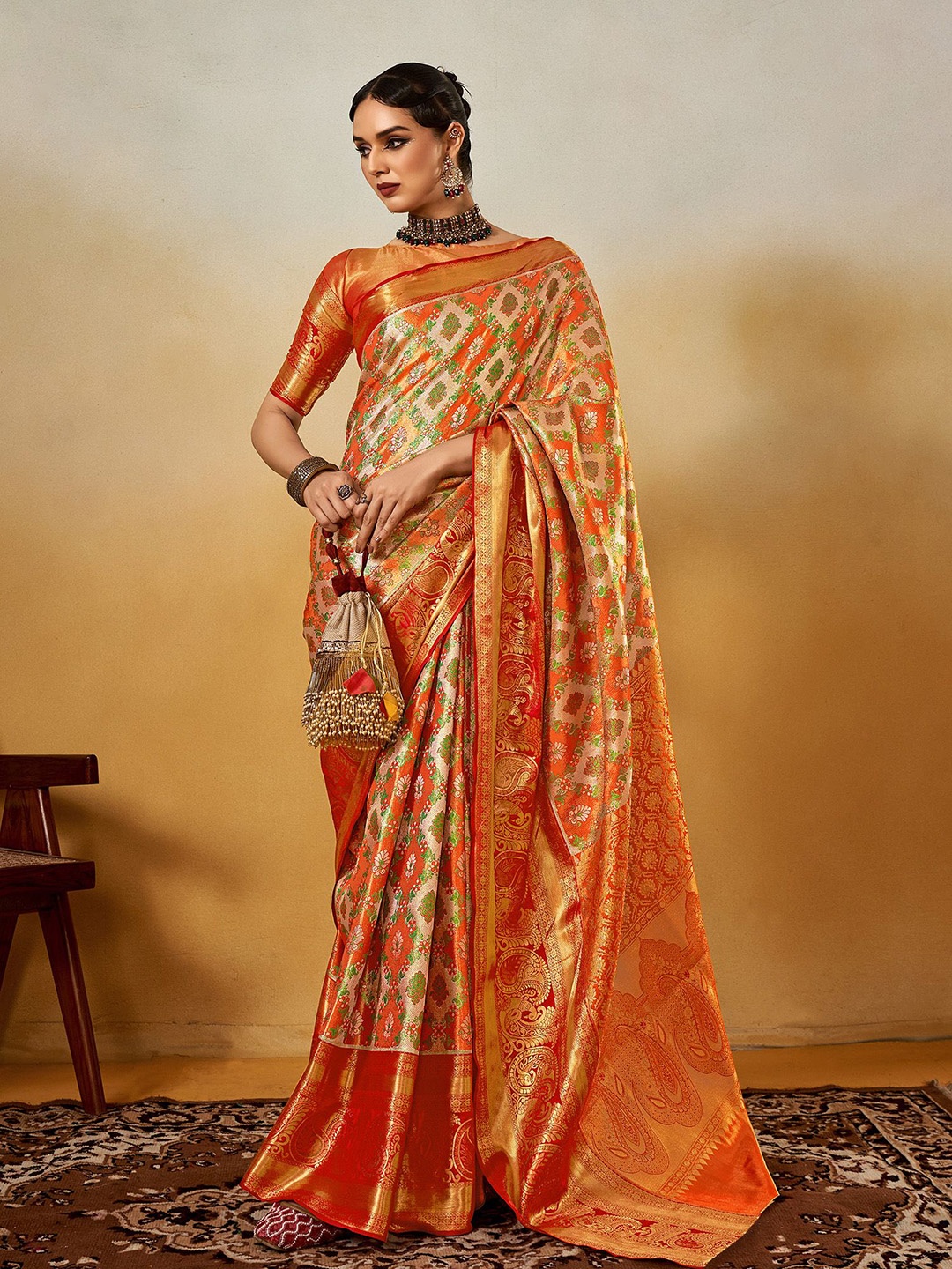 

elora Woven Design Zari Designer Dharmavaram Saree, Orange