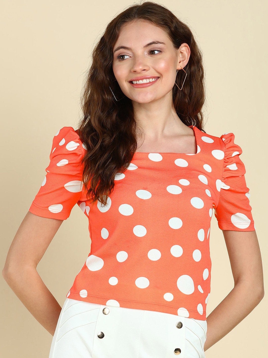 

SAFFE Women Square Neck Polka Dot Print Puff Sleeve Top, Orange