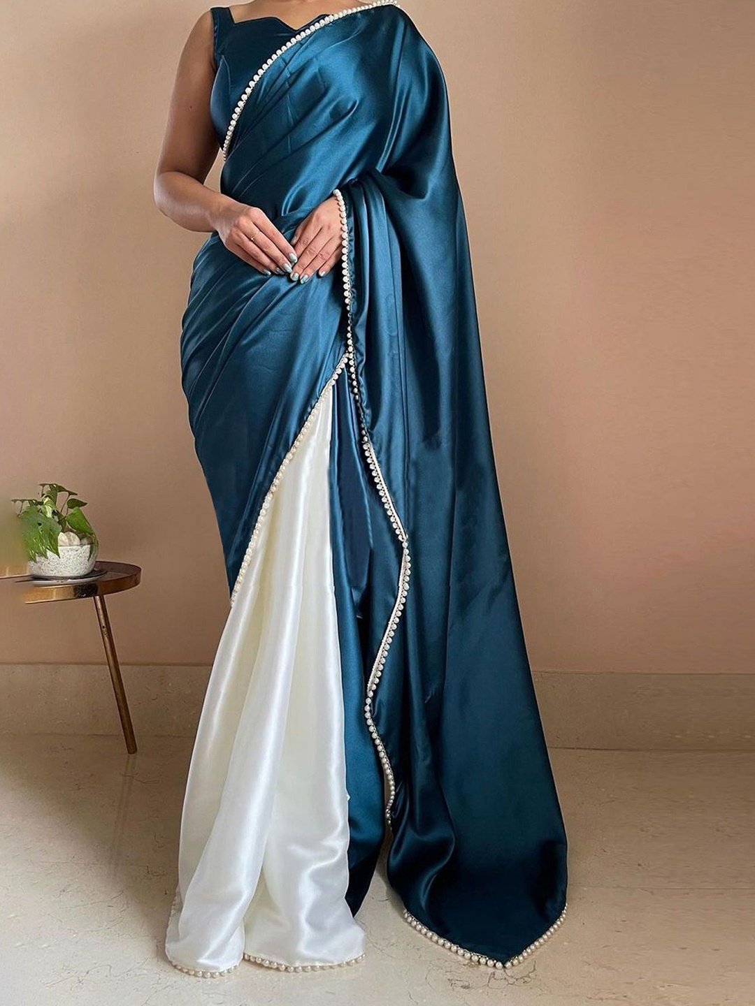 

A TO Z CART Beads and Stones Satin Half and Half Saree, Teal