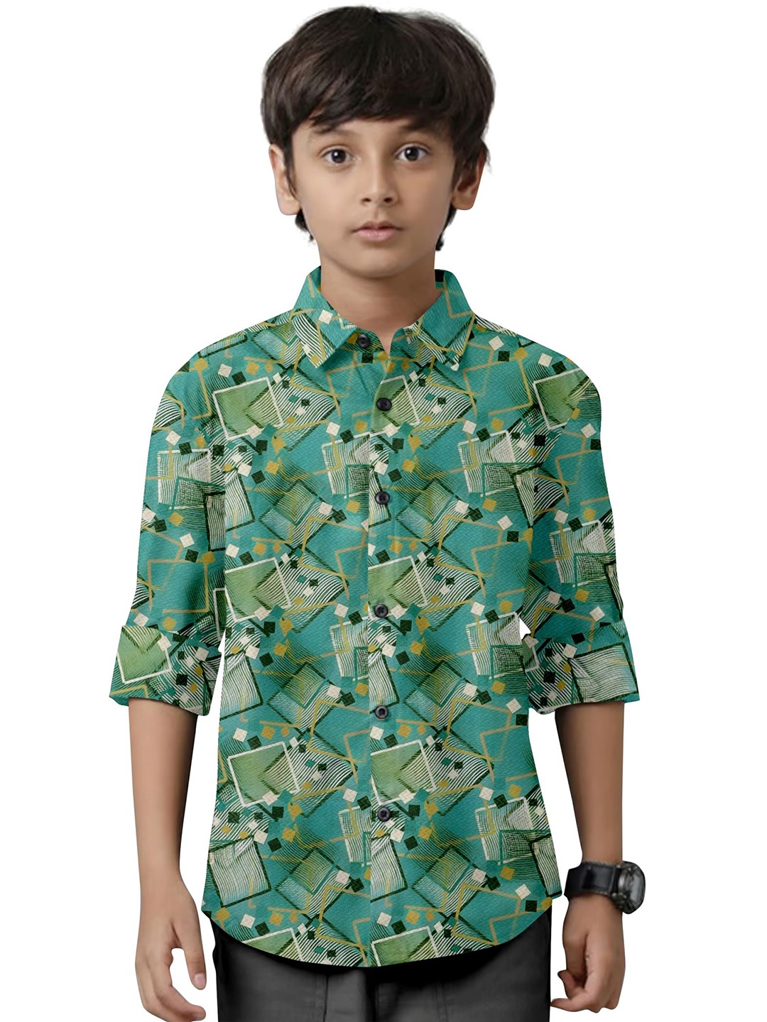 

cut & make Boys Classic Spread Collar Geometric Printed Casual Shirt, Green