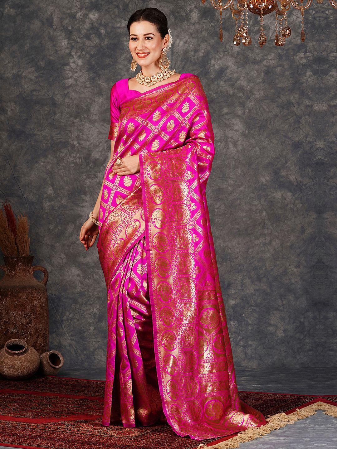 

KALINI Ethnic Motifs Zari Banarasi Saree, Pink