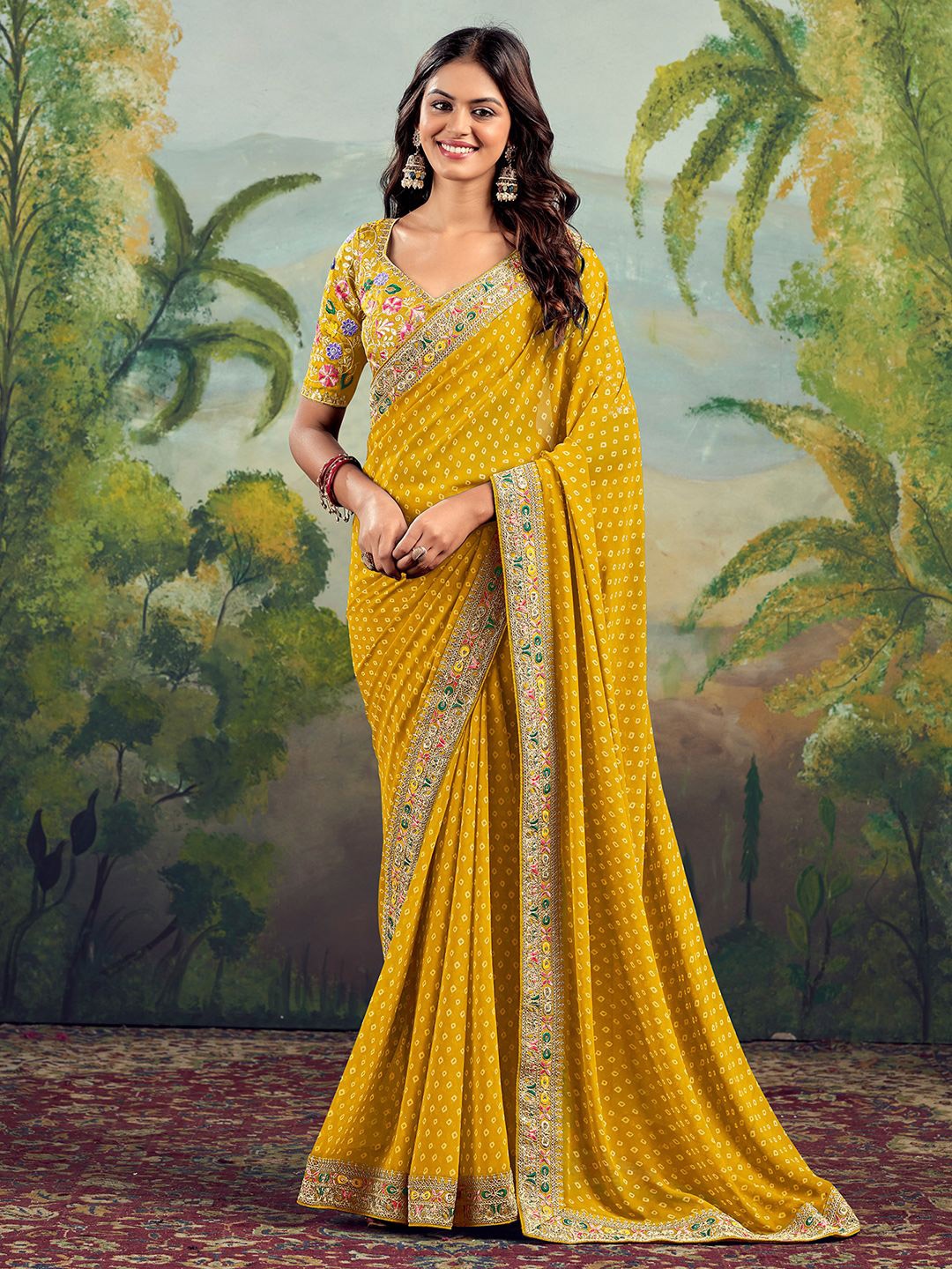 

Satrani Bandhani Embroidered Pure Georgette Bandhani Saree, Yellow