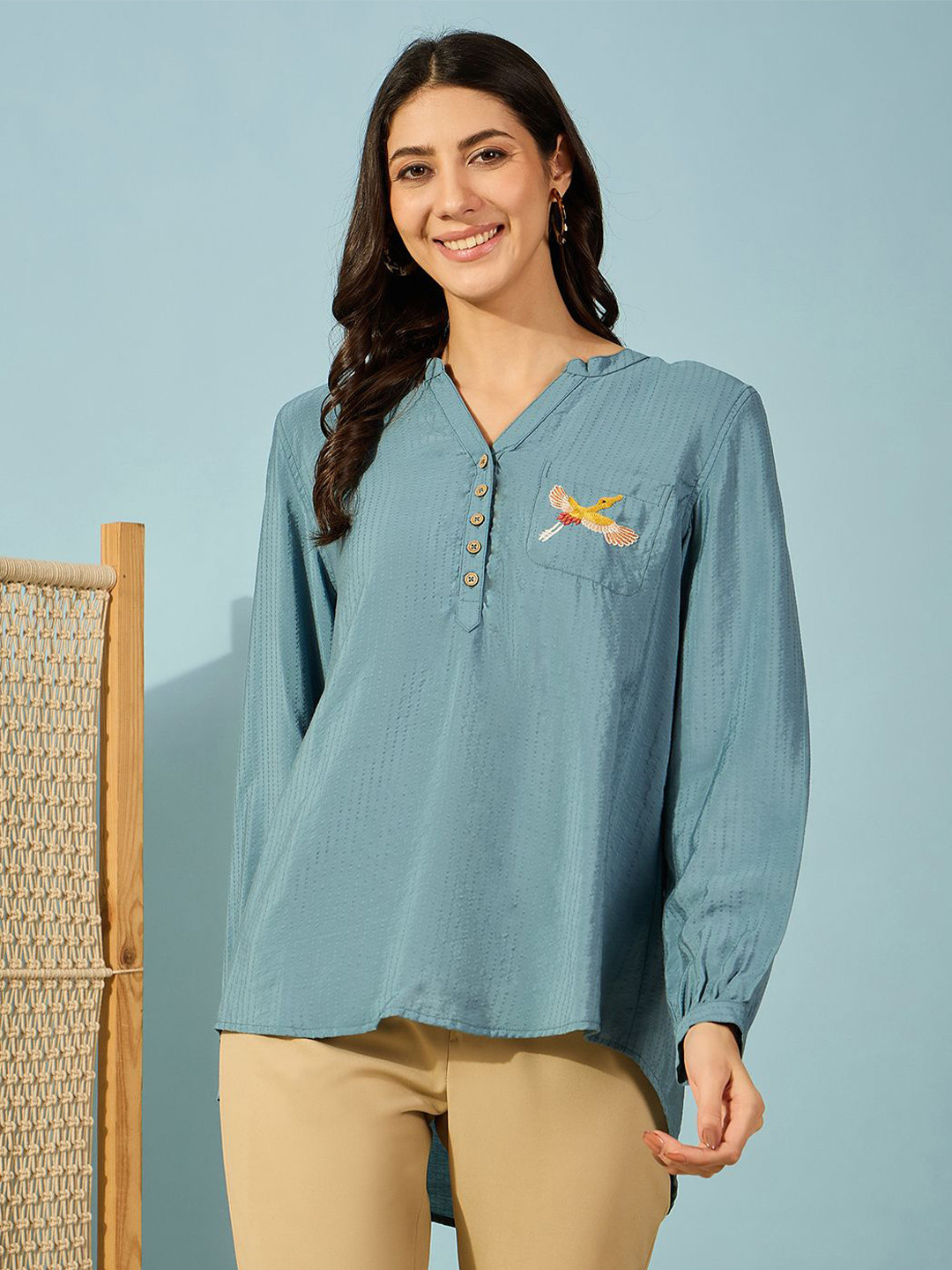 

The Kaftan Company Women Graphic Embroidered Shirt Style Top, Blue