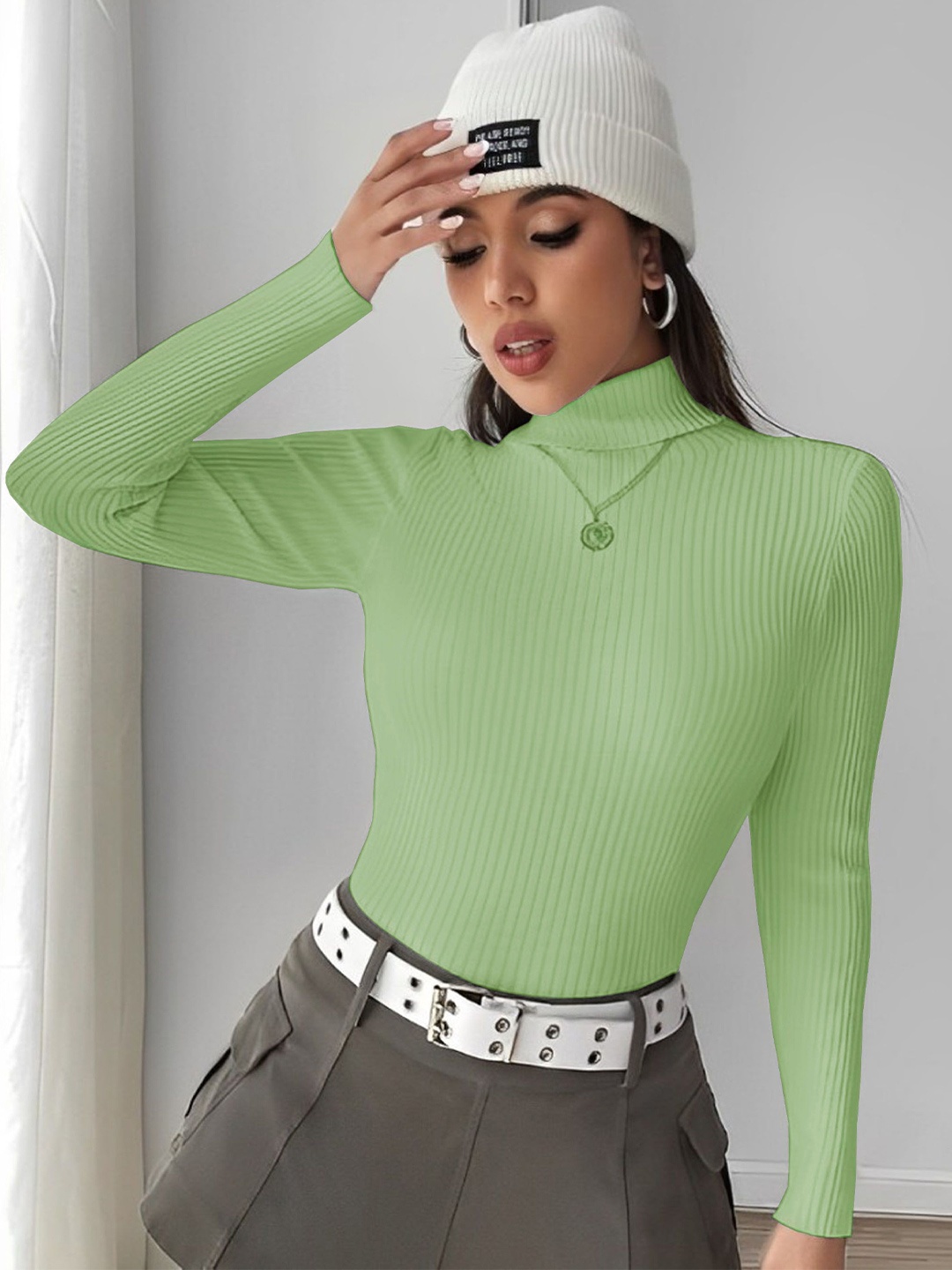 

kintu parantu Women High Neck Cotton Ribbed Pullover, Green