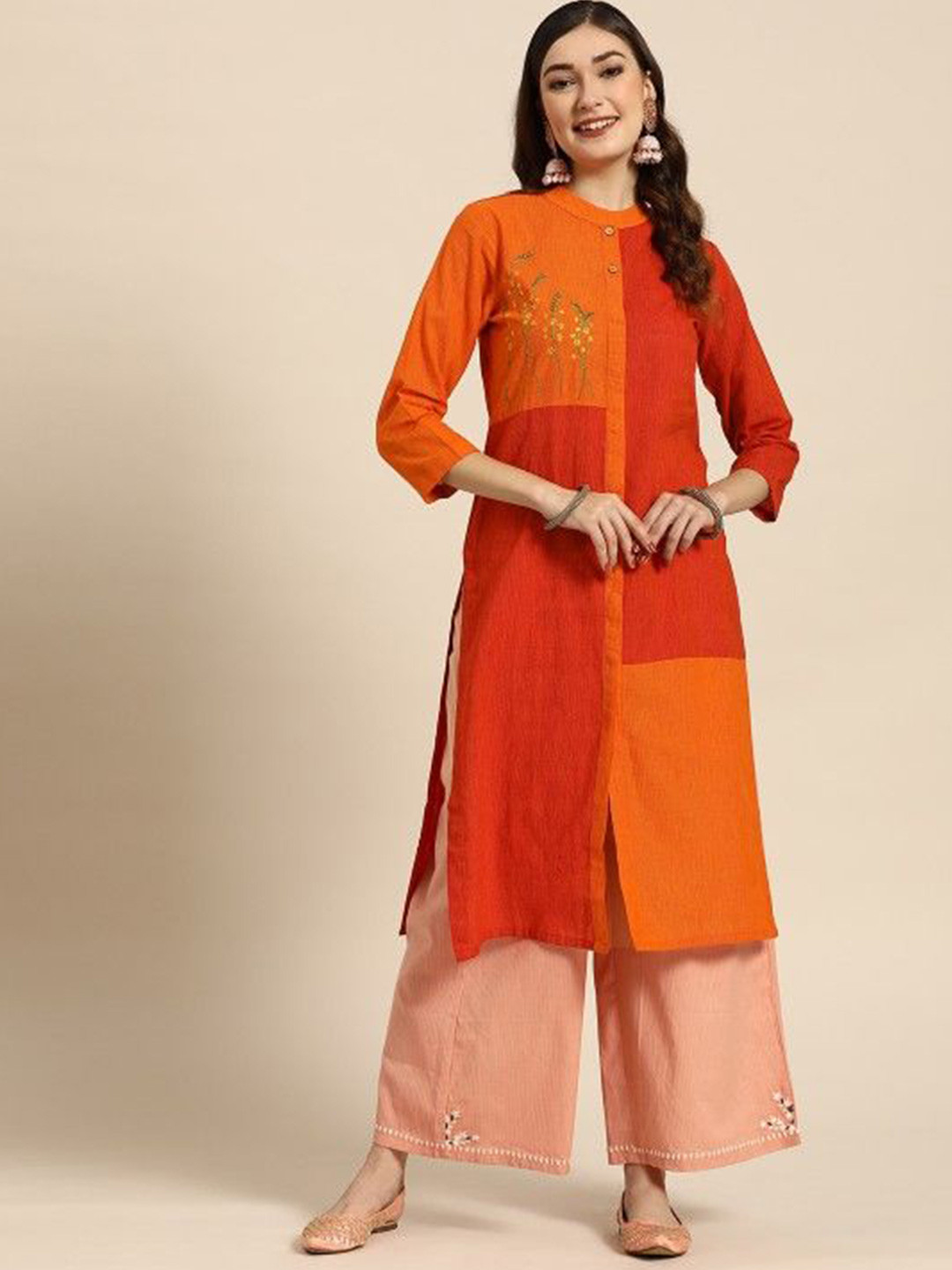 

Suha Colorblocked Embroidered Thread Work Mandarin Collar A-Line Kurta, Rust
