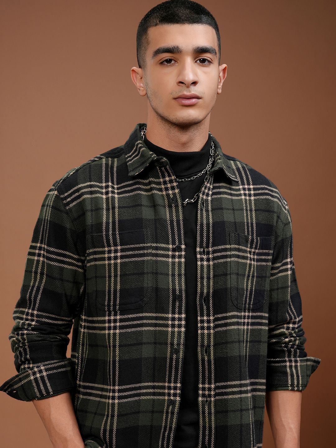 

HIGHLANDER Men Flannel Check Relaxed Casual Shirt, Olive