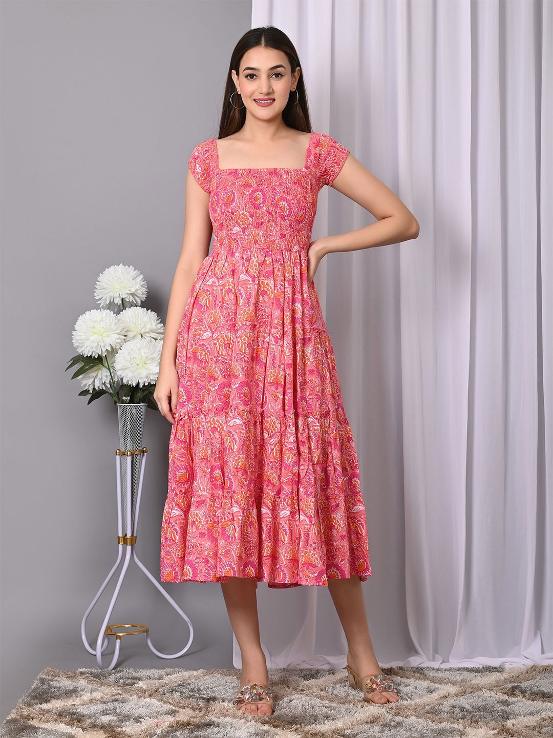 

VYMO Floral Printed Square Neck Smocked Tiered Fit & Flare Midi Dress, Pink