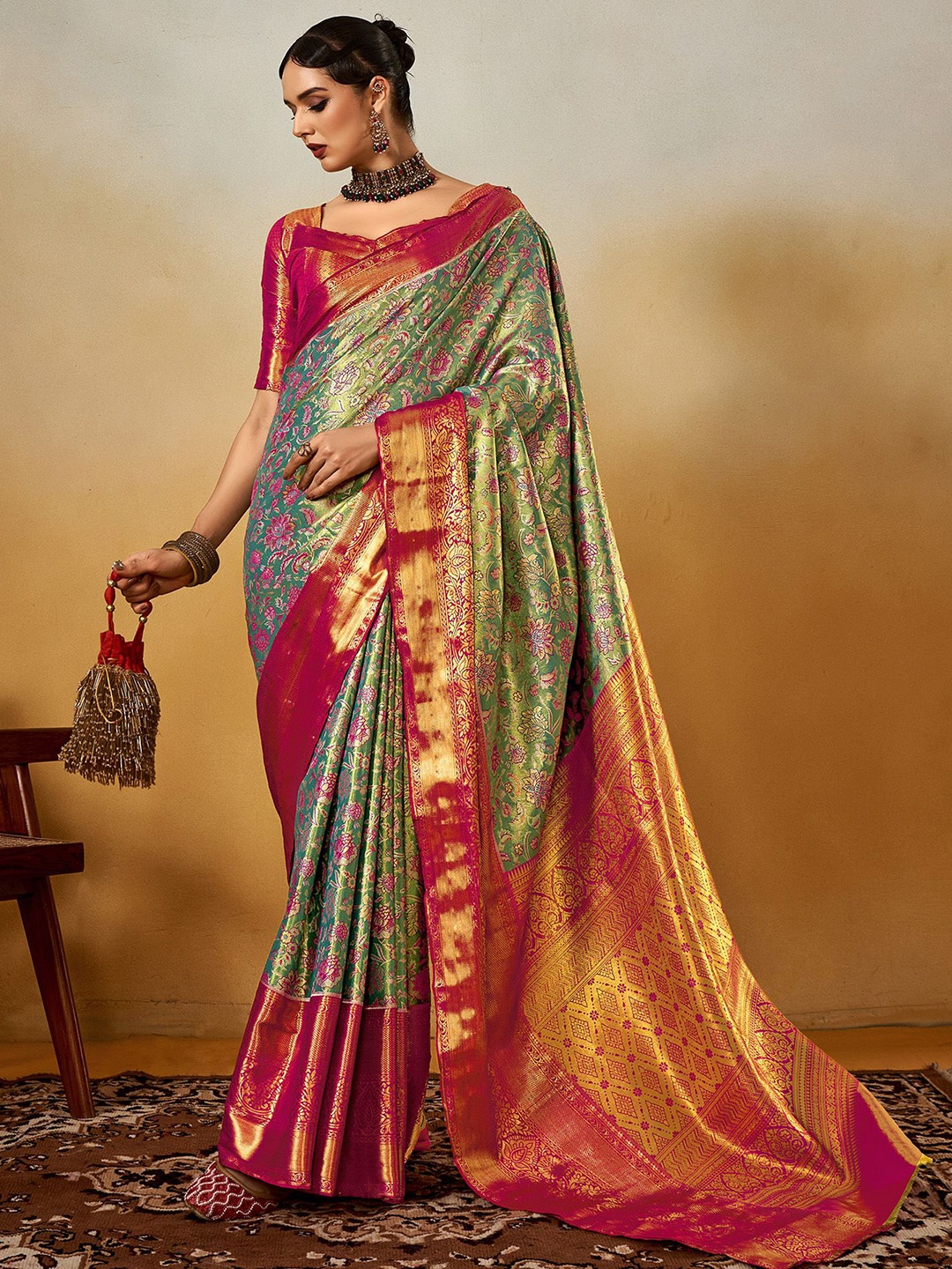 

elora Floral Woven Design Dharmavaram Saree, Green