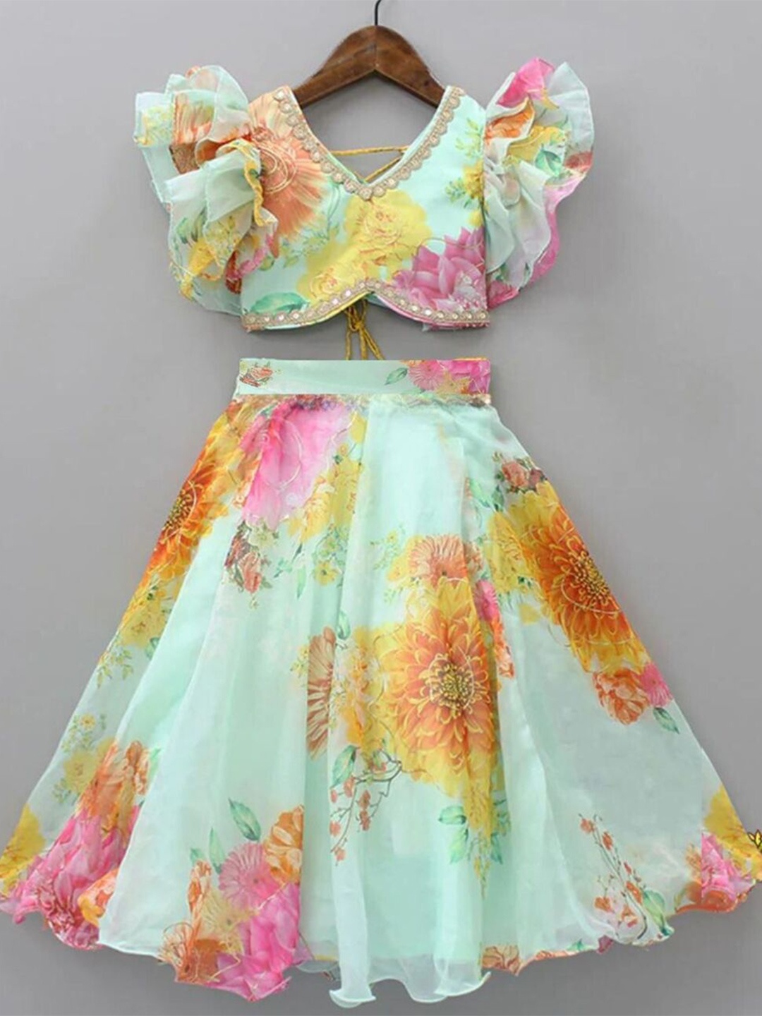 

JOVK DESIGN Girls Printed Mirror Work Ready to Wear Lehenga & Blouse, Blue