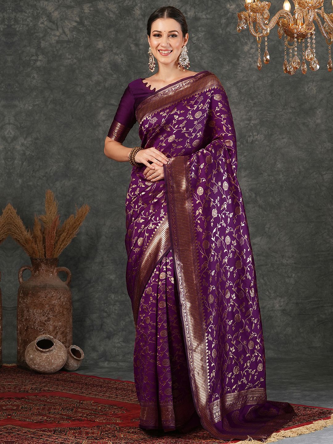 

KALINI Women Floral Zari Banarasi Saree, Purple