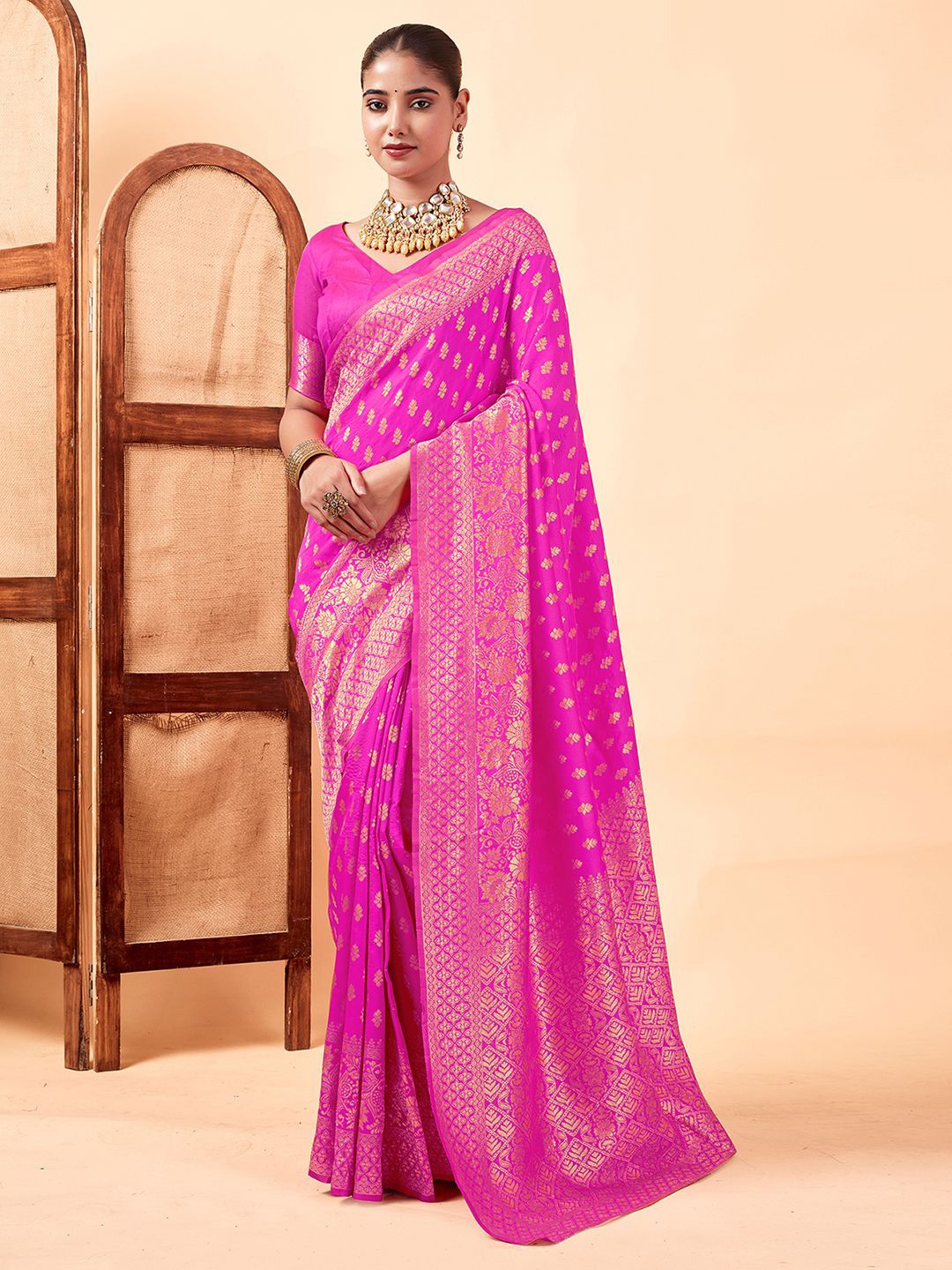 

KALINI Ethnic Motifs Zari Banarasi Saree, Pink