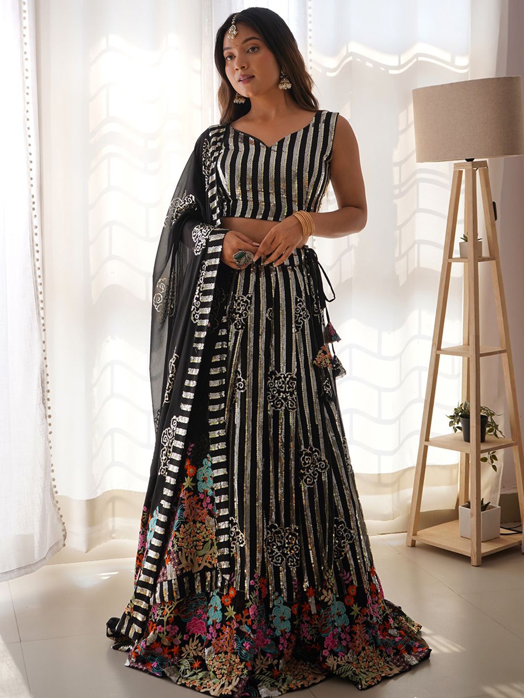

Pandadi Saree Embroidered Sequinned Semi-Stitched Lehenga & Unstitched Blouse With Dupatta, Black