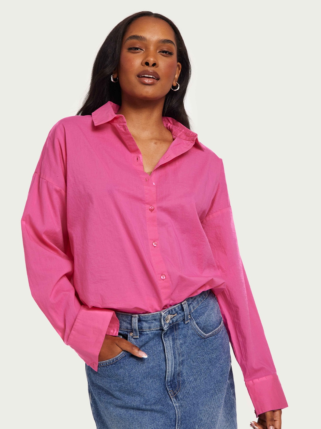 

NANCHI Women Comfort Oversized Fit Spread Collar Solid Cotton Casual Shirt, Pink