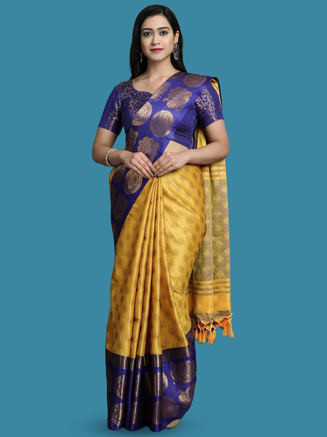 

yourwish Embellished Zari Gadwal Saree, Yellow