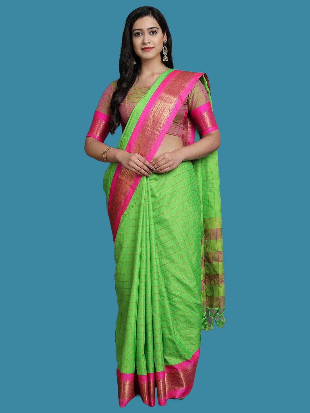 

Yourwish Woven Design Zari Garad Saree, Lime green