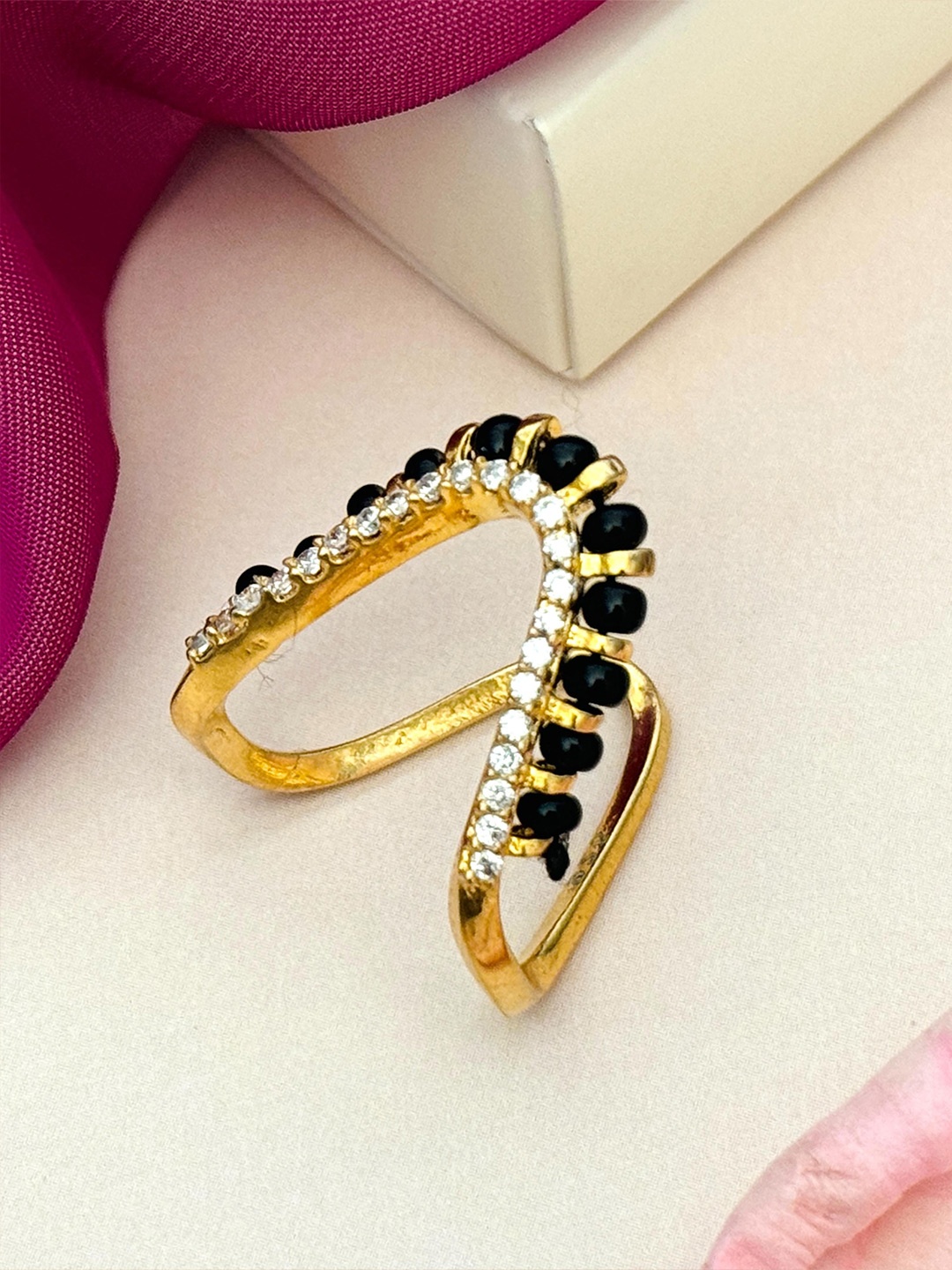 

ABDESIGNS 92.5 Pure Silver Gold-Plated Stone-Studded Beaded Subtle Mangalsutra Ring