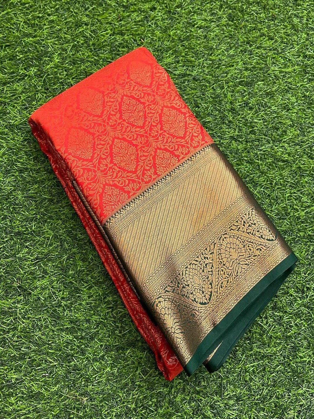 

SHIJILA Floral Printed Zari Banarasi Saree, Orange