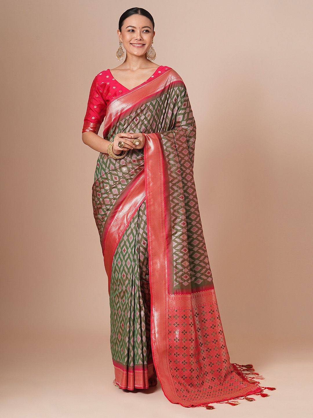 

House of Pataudi Woven Design Pochampally Saree, Sea green