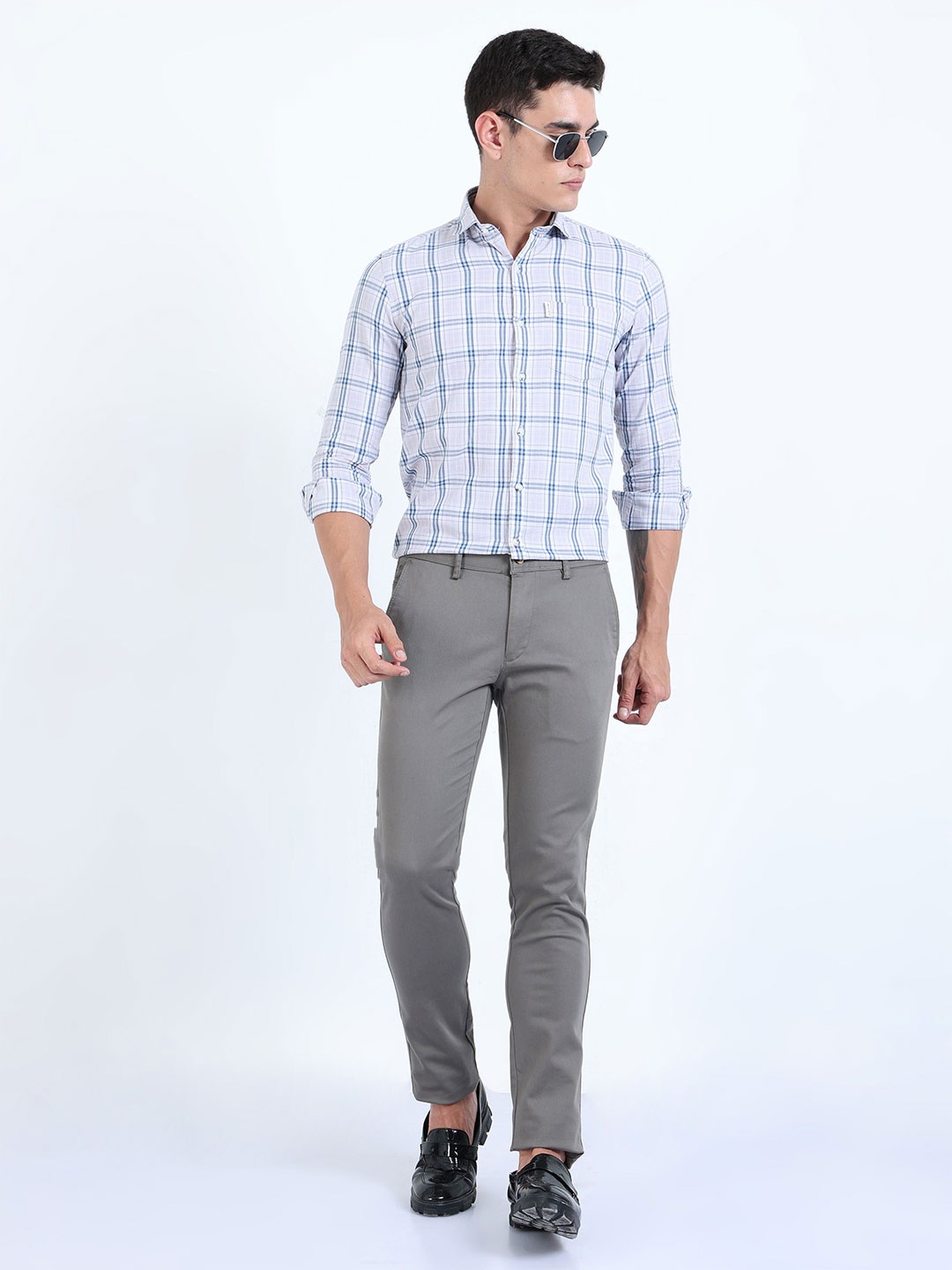 

HOUSE OF MAHNOTS Men Classic Slim Fit Spread Collar Tartan Checked Cotton Casual Shirt, Grey