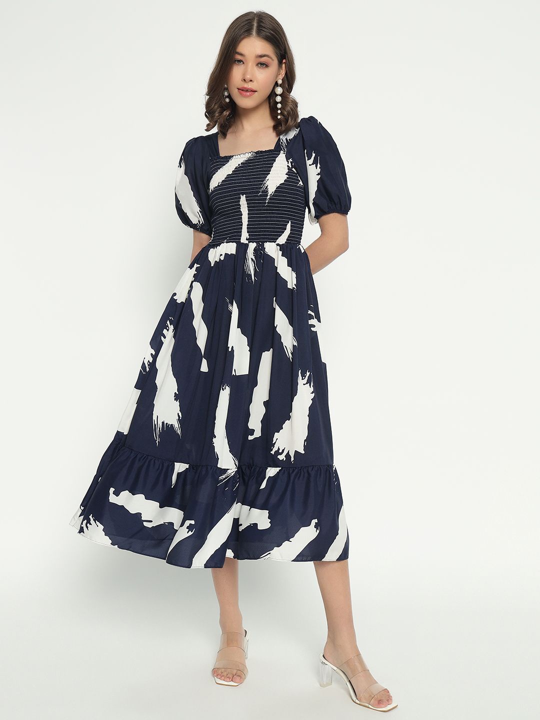

Krunal Raiyani Abstract Printed Pleated Fit & Flare Dress, Navy blue
